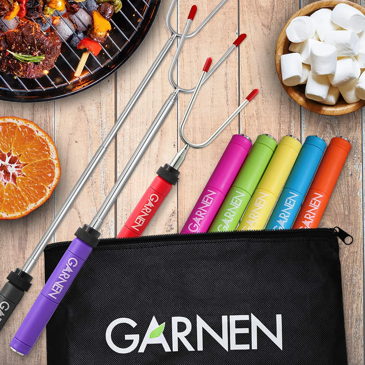 Garnen Marshmallow paluszki do pieczenia (8 szt.), wysuwane obrotowe szpikulce ze stali nierdzewnej, widelce do grilla z plastikowymi uchwytami, do grilla, kempingu, paleniska