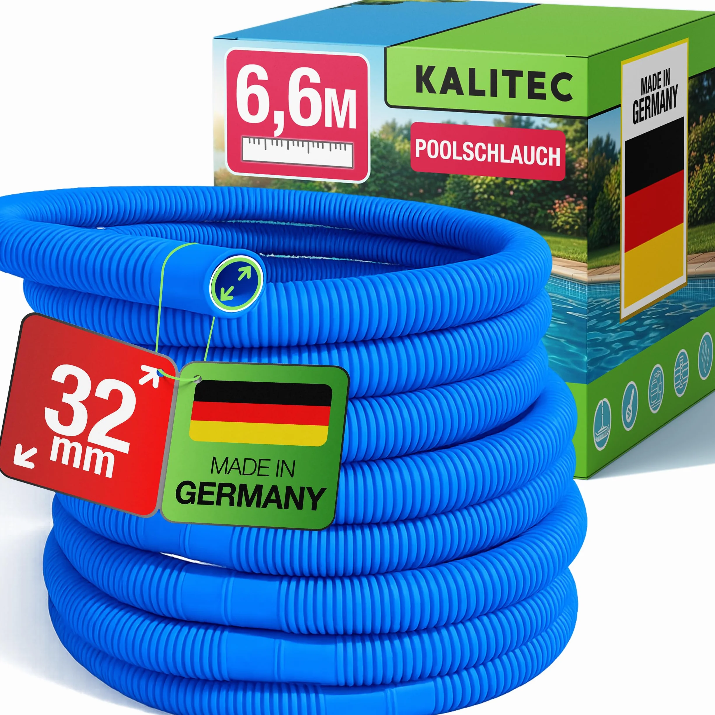 Kalitec Wąż basenowy 32mm 6,6m niebieski elastyczny rozłączny do pompy skimmer filtra piaskowego