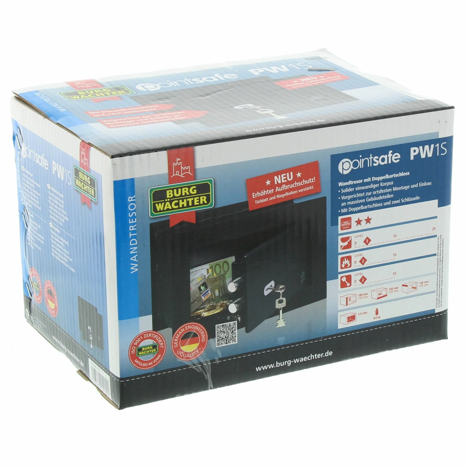 BURG-WÄCHTER Sejf ścienny na klucz, Point-Safe, Do wmurowania, 3,5 l, 6,6 kg, PW 1 S, Czarny