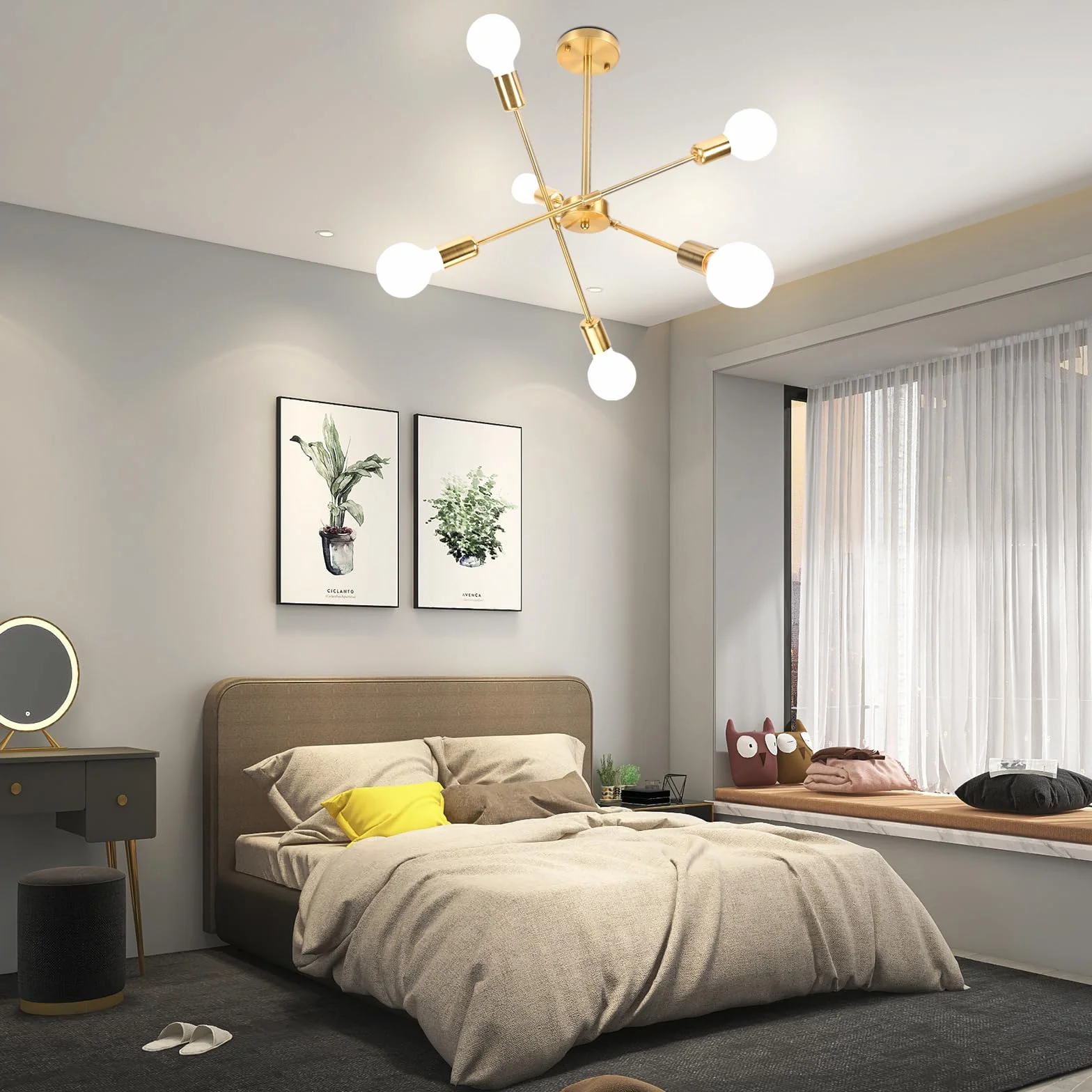 iDEGU żyrandol przemysłowy, 6 świateł, lampa sufitowa, LED, vintage, metalowa, regulowana, zawieszka, E27, oświetlenie retro, lampa sufitowa, do salonu, kuchni, jadalni, sypialni (złota)