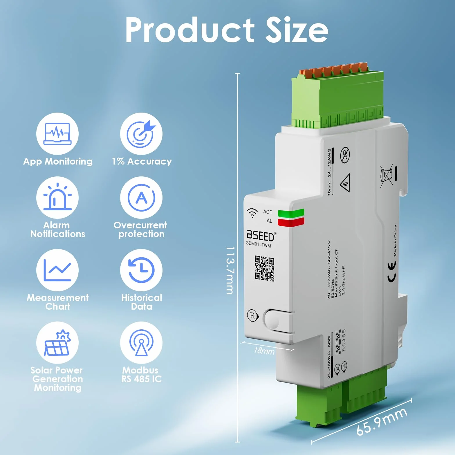 BSEED 3-fazowy inteligentny licznik prądu, 120A szyna DIN WLAN licznik energii z pomiarem zużycia prądu, Modbus RS485 RTU, zdalne sterowanie APP, przechowywanie danych, monitorowanie solarne