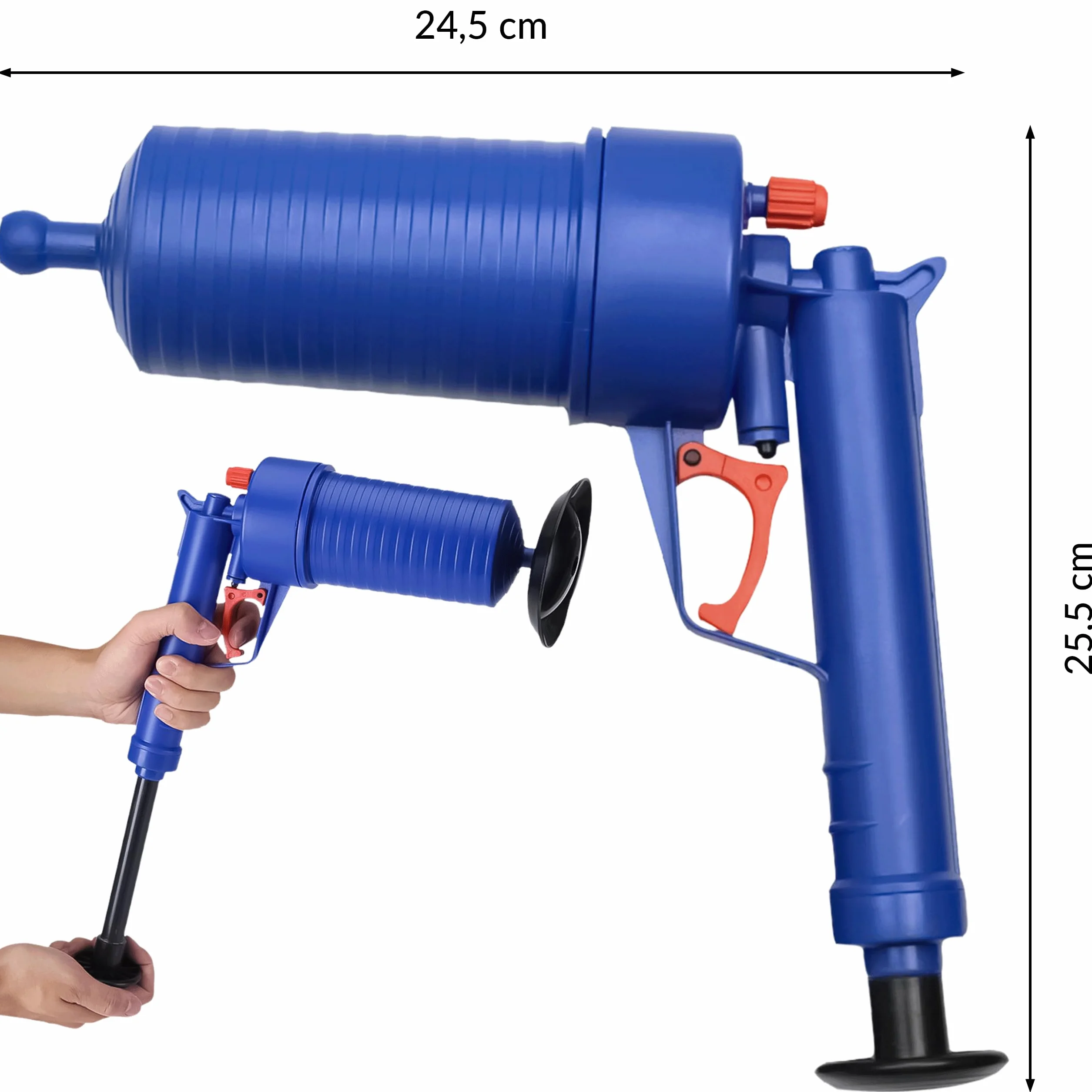 KRUMAD – pistolet do czyszczenia odpływów sprężonym powietrzem, do toalet, odpływów i pryszniców, z nasadkami, bez środków chemicznych, ręczny