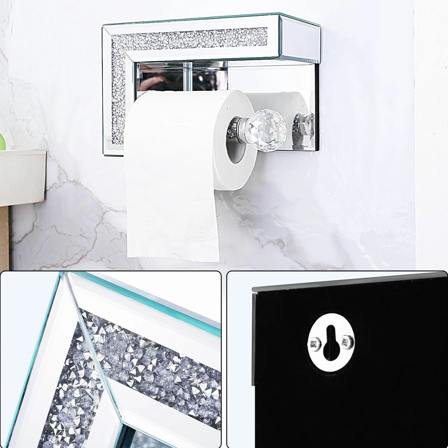 Slish Ścienny uchwyt na papier toaletowy – srebrne diamentowe lustrzane akcesoria łazienkowe do papieru toaletowego Ele i Functal Sto
