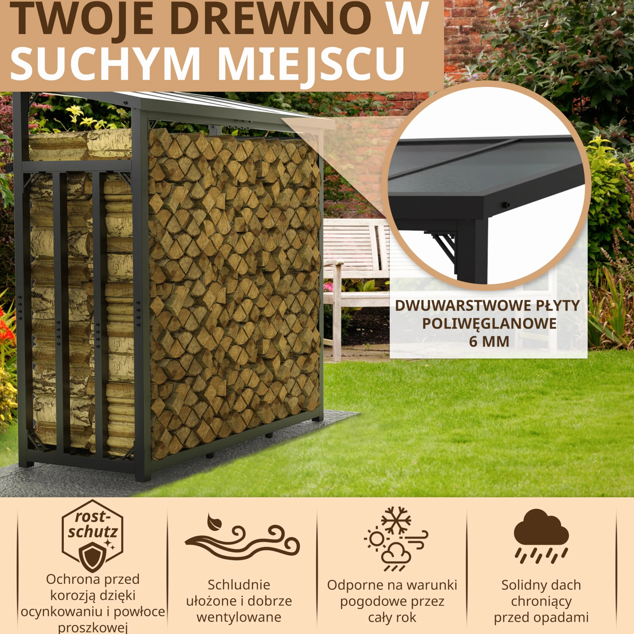 regał na drewno kominkowe, metalowy, z dachem, ocynkowany, 188 x 70 x 188 cm, 45 kg, 3 t, 3,3³ SRM, stojak na drewno kominkowe, stojak na drewno opałowe, na zewnątrz (czarny)