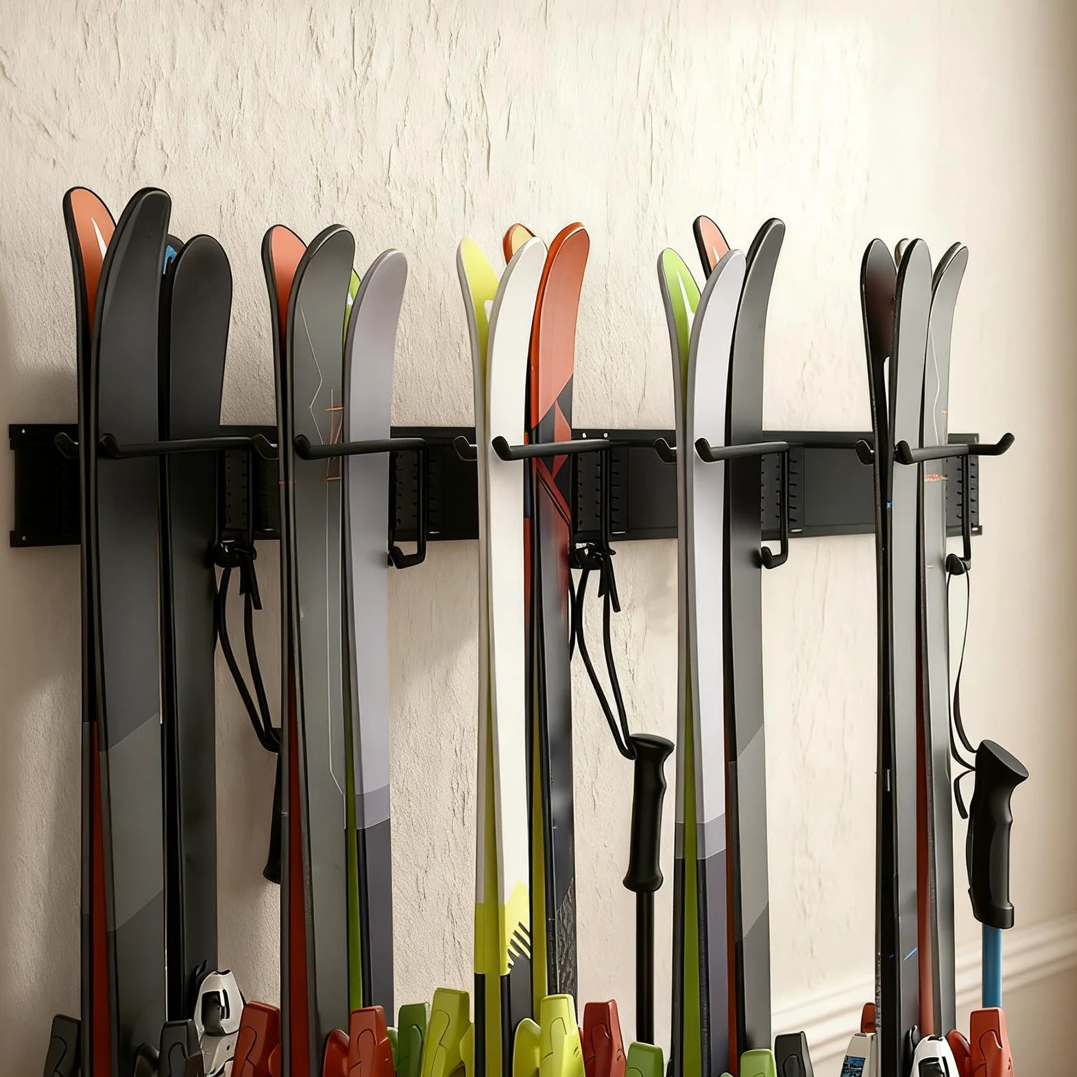 Uchwyt na narty do garażu, na ścianę, z 6 haczykami | antypoślizgowy uchwyt do przechowywania, uchwyt na deskę snowboardową, montaż na ścianie – do użytku wewnątrz i na zewnątrz,