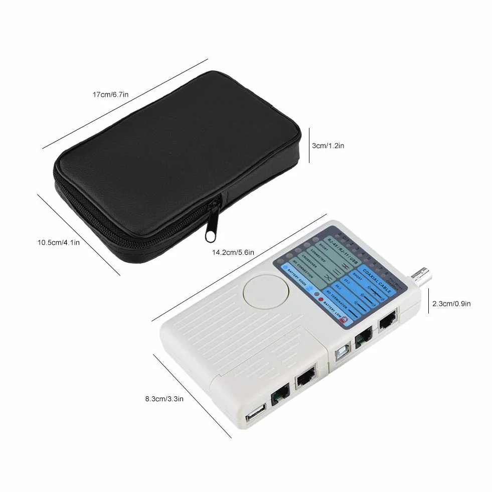 Optimal Shop Tester Kabli Sieciowych 4 w 1 Kabel LAN RJ45/RJ11/USB/BNC Tester Przewodów Cat5 Cat6, Narzędzie do Testowania Przewodów, Ergonomiczna, Przenośna Konstrukcja Podręczna