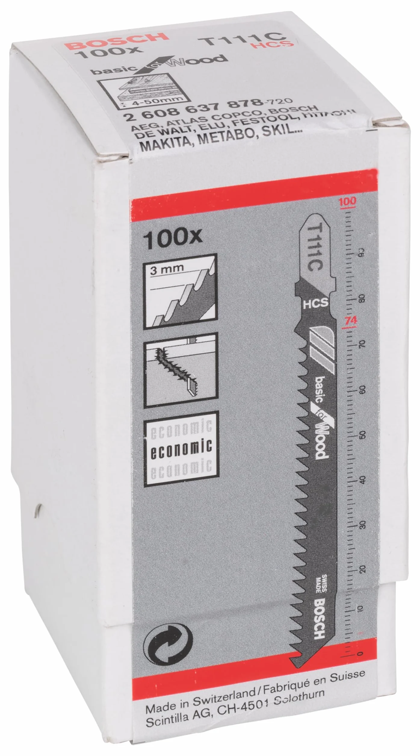 Bosch 100x T 111 C Basic for Wood – brzeszczoty do wyrzynarki (do Miękkie drewno, Płyta wiórowa, Długość 100 mm, Professional Akcesoria Wyrzynarka)
