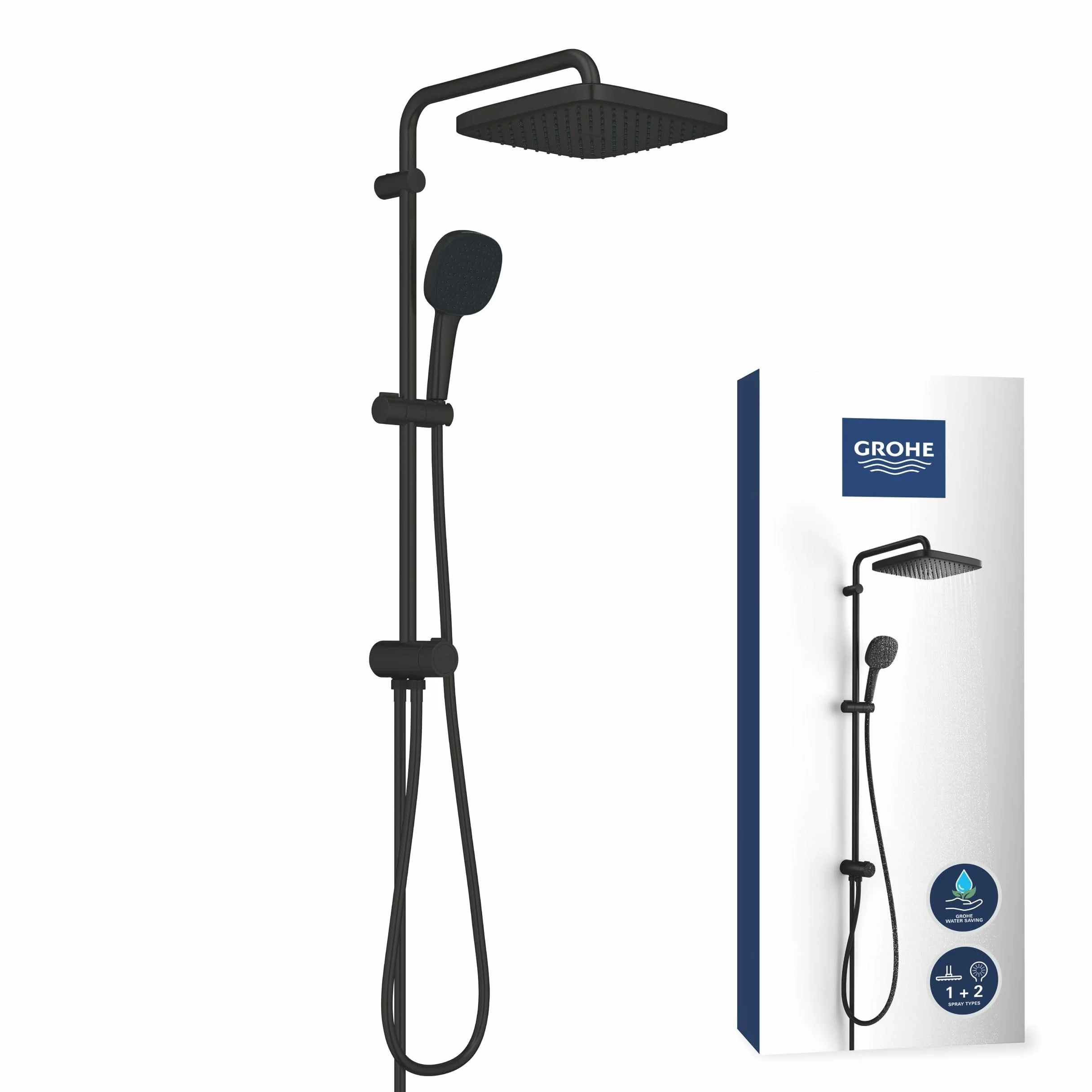 GROHE Vitalio Comfort 250 Flex – odsłonięty system prysznicowy z przełącznikiem (kwadratowa głowica prysznicowa 25 cm, 2 spraye, prysznic ręczny 11 cm, 2 spraye, 2 węże prysznicowe: 1,25 m i 1,5 m,