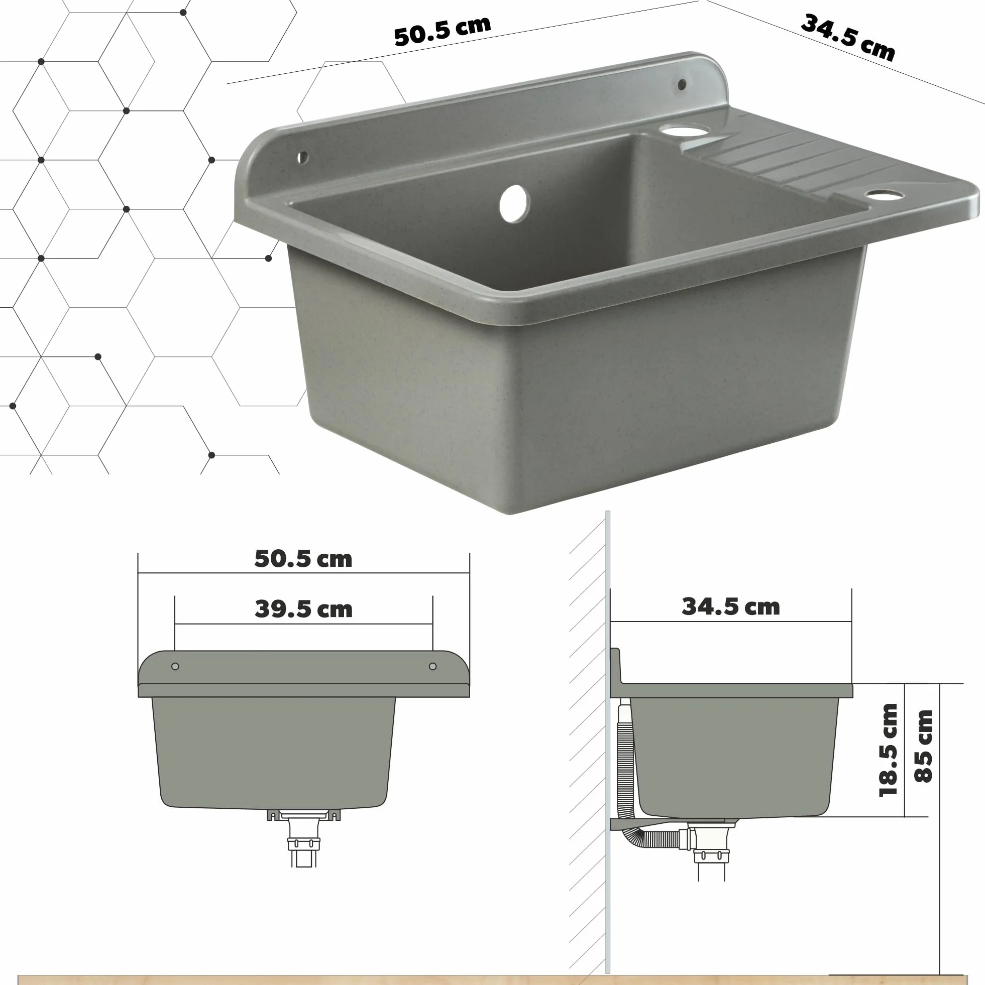 GOSPO Zlewozmywak z polipropylenu, 50,5 x 34 x 26,5 cm, zlewozmywak z armaturą, syfonem, dozownikiem mydła, umywalka, zlewozmywak domowy (szary)