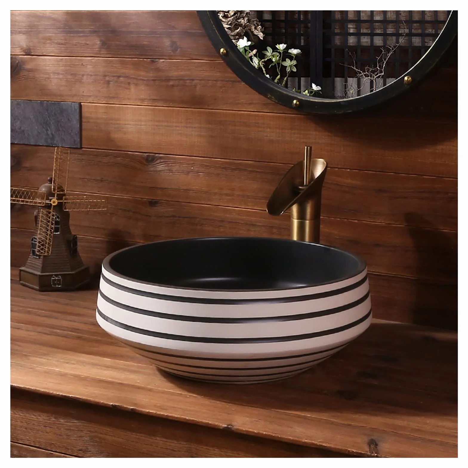 Porcelanowa Umywalka Nablatowa, Okrągła Artystyczna Umywalka Łazienkowa, Czarno-Biała Umywalka Ceramiczna Nablatowa Z Kranem I Odpływem