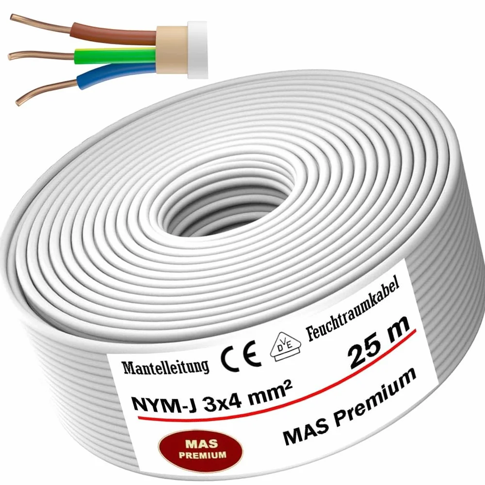 MAS Premium Kabel elektryczny do pomieszczeń wilgotnych, kabel zasilający, przewód płaszczowy NYM-J 3 x 4 mm², pierścień do stałego układania (25 m)