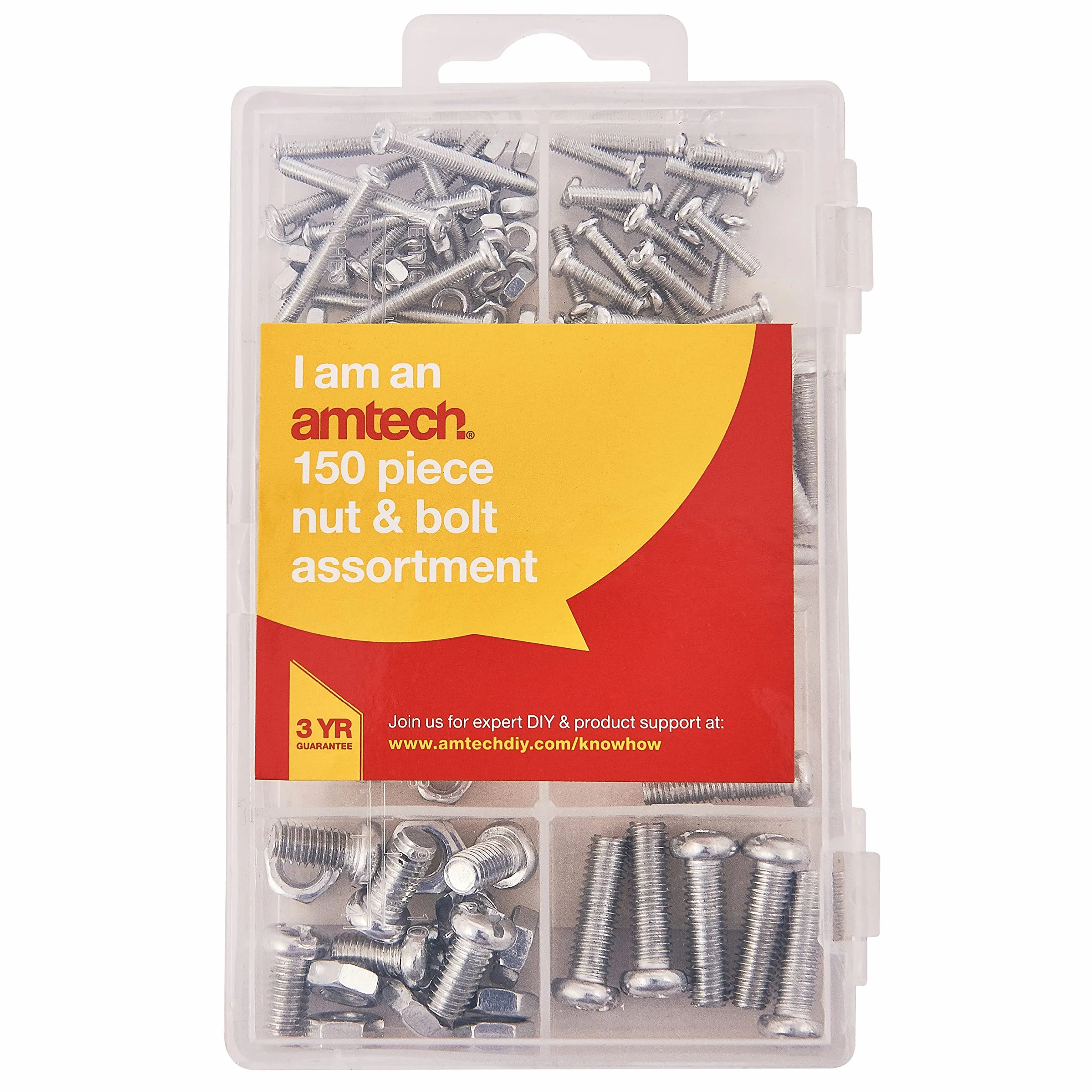 Amtech Zestaw nakrętek i śrub – DIY w domu, bezpieczne mocowanie do drewna, metalu, kołków i innych, łatwy w użyciu, zawiera wygodne pudełko do przechowywania (150 sztuk)