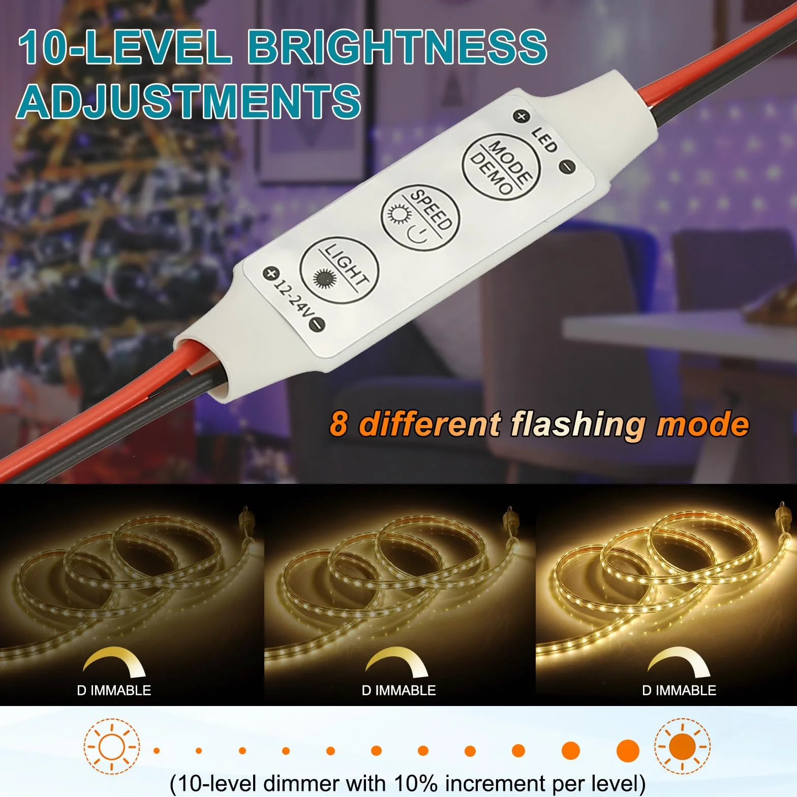 QUARKZMAN Kontroler taśm LED, DC 12 V do 24 V 6 A, 3 przyciski, regulacja jasności, ściemniacz, przełącznik lampy do jednokolorowych pasków, opakowanie zawiera 4 szt