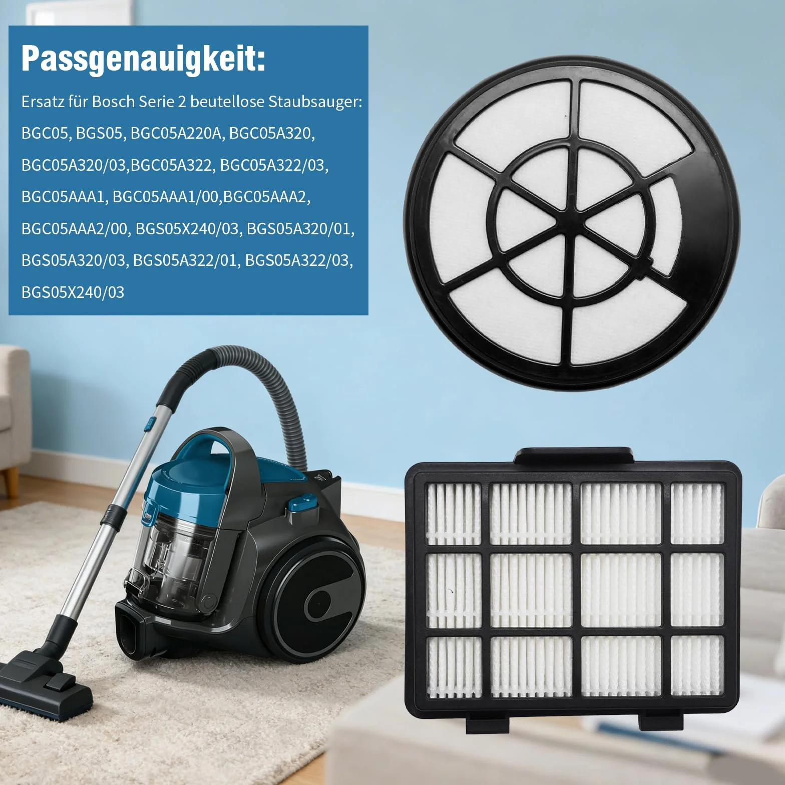 Zestaw filtrów HEPA, zamiennik do odkurzacza serii 2 BBZ152EF firmy Bosch BGC05 BGC05A320 BGS05, zawiera filtr wstępny, filtr uzupełniający i bawełnę filtrującą (1)
