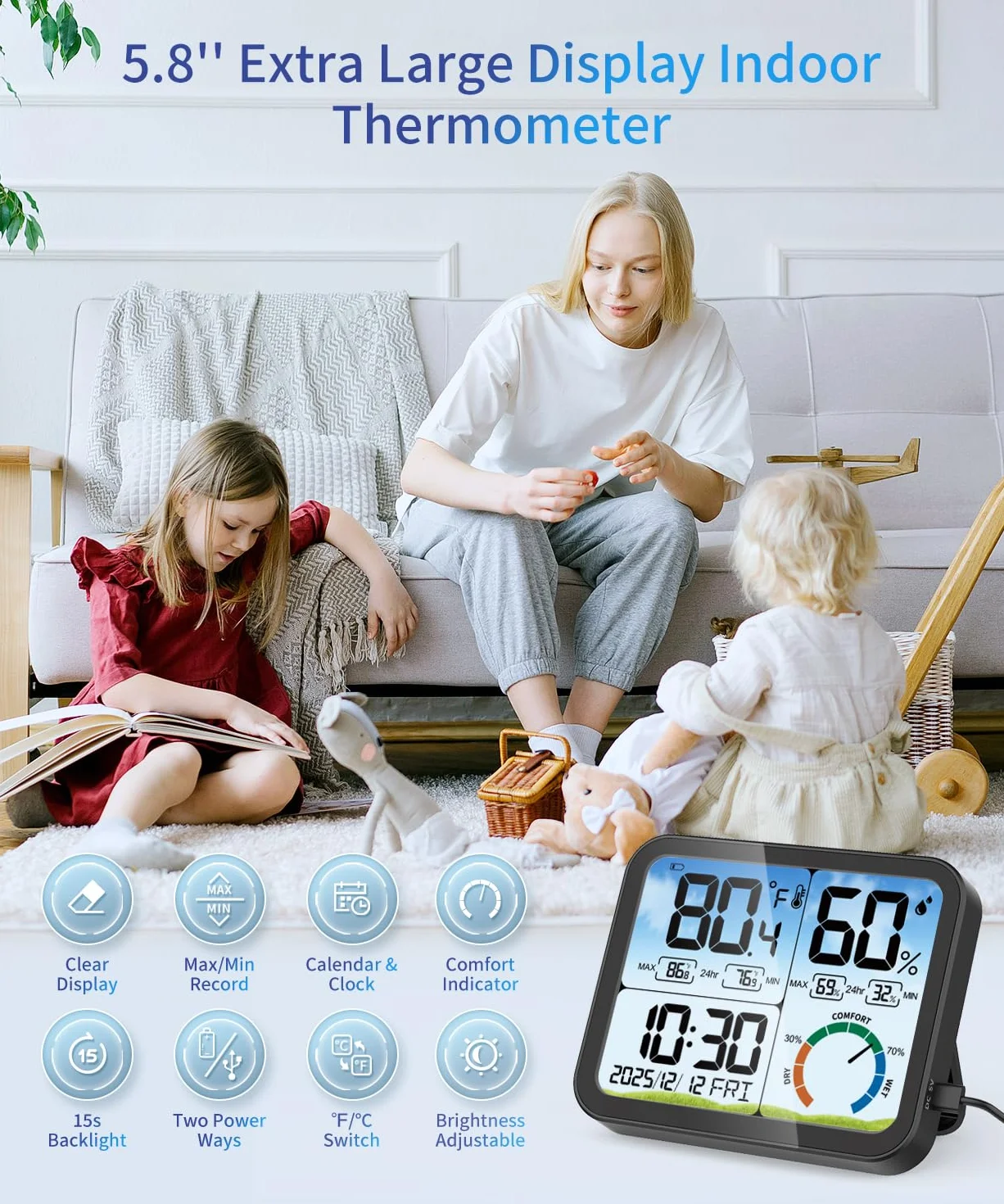 VOCOO Cyfrowy termometr pokojowy – bardzo duży wyświetlacz temperatury i wilgotności z dokładnym monitorem wilgotności temperatury, kalibracja, maks. i minimalne zapisy, komfort, podświetlenie, data i