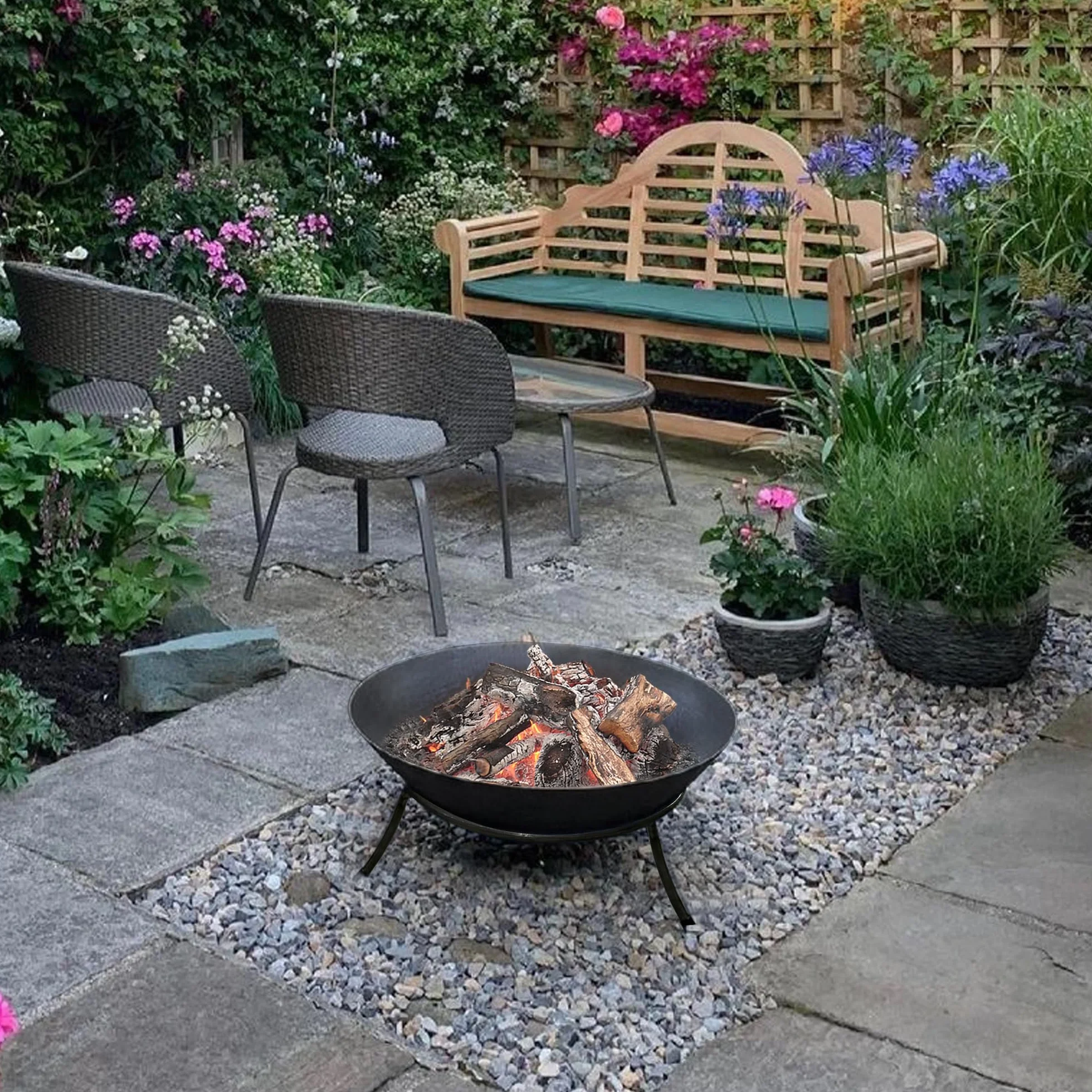 Köhko miska paleniskowa & Pit Kup Fire Bowl Marbela ok. 50x50x24 cm ze stali z 3 nóżkami do BBQ, Camping, ognisko ogrodowe na węgiel drzewny lub drewno z podstawką