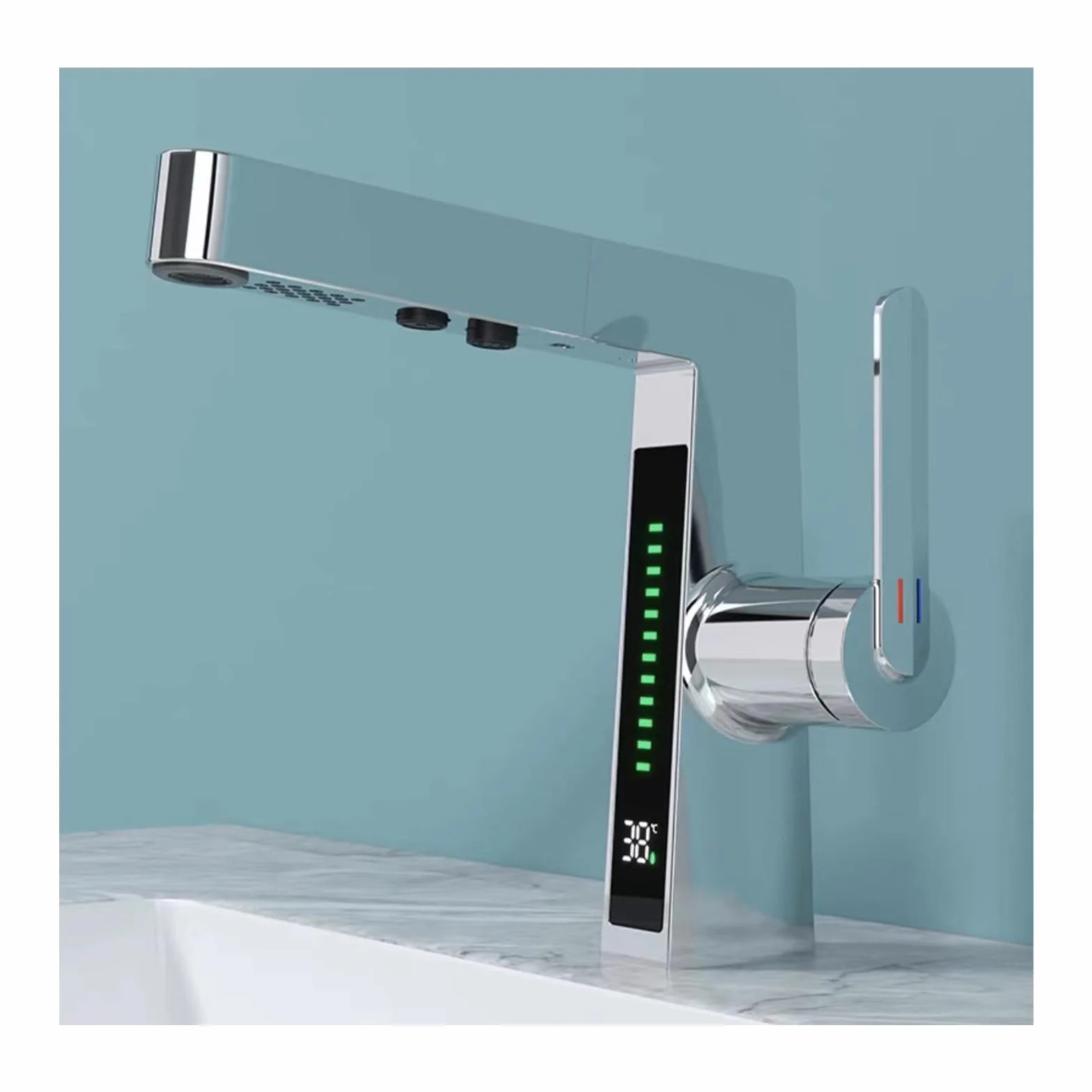Bateria do umywalki LED, bateria łazienkowa z wyciąganą wylewką, cyfrowy wyświetlacz temperatury, mosiężna bateria umywalkowa z 2 trybami natrysku, pojedynczy uchwyt