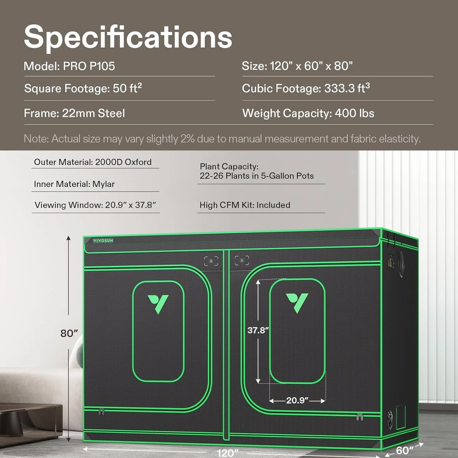 VIVOSUN PRO Namiot do upraw 300 x 150 x 200 cm, z grubymi drążkami 22 mm, tkanina Oxford, wysoce odblaskowa mylar, do użytku wewnątrz i na zewnątrz, namiot do hodowli, szklarni P105, pasuje do