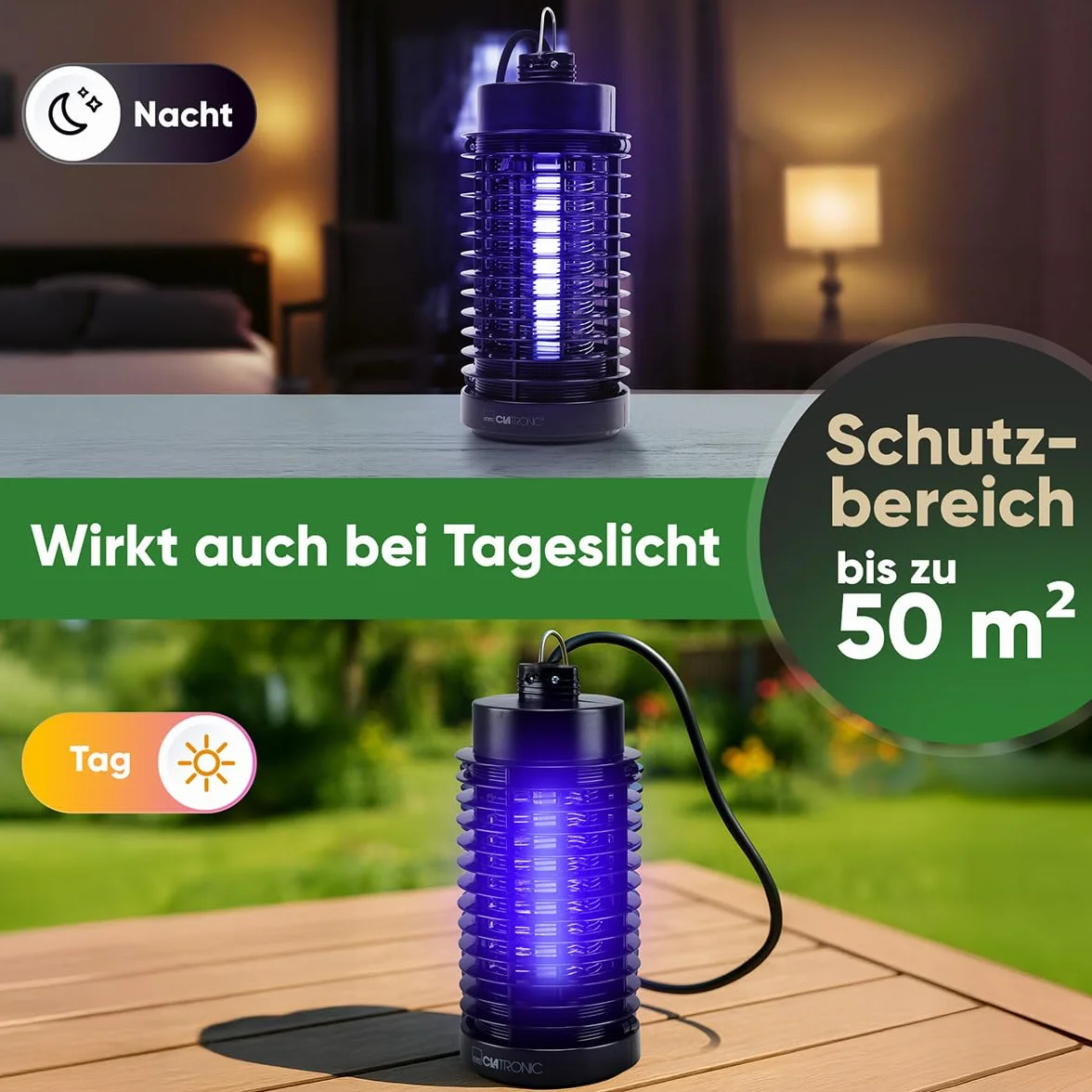 Clatronic® Elektryczna pułapka na owady | pułapka na komary w dzień i w nocy | do 50 m² | lampa na komary bez chemii i substancji zapachowych | elektryczna pułapka na muchy wraz ze szczotką do