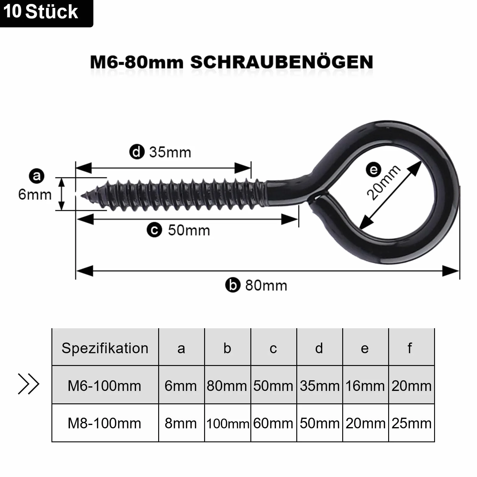 MOGADEE® Haczyki śrubowe ze stali nierdzewnej czarne (śruba oczkowa M6-80 mm 10 sztuk)