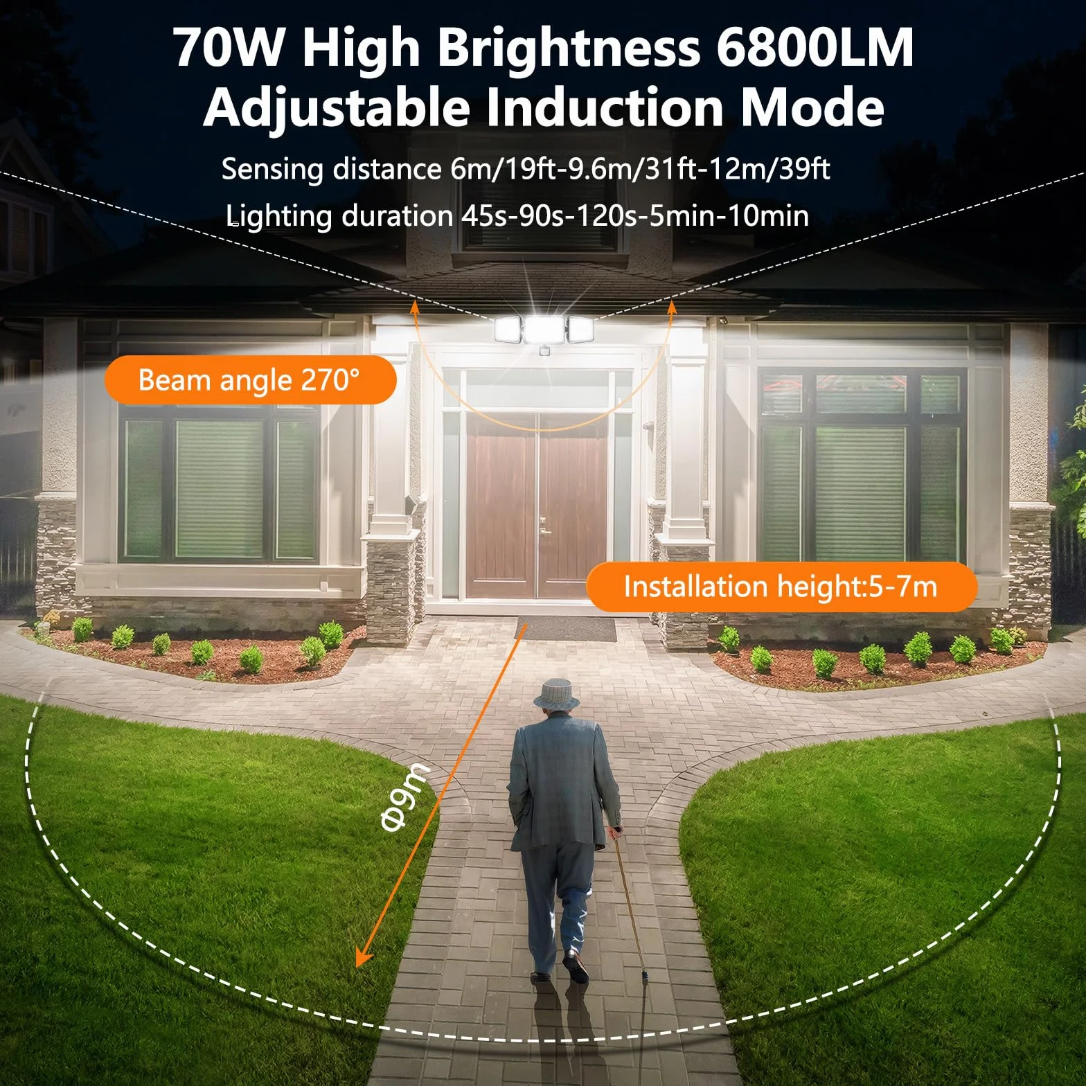 MEIHUA Reflektor LED 70 W z czujnikiem ruchu, pilot zdalnego sterowania, 700-6850 lm, IP66, wodoszczelny, 4 tryby, 10 poziomów jasności, 6500 K, zimna biel, reflektor do ogrodu, garażu, na boisko