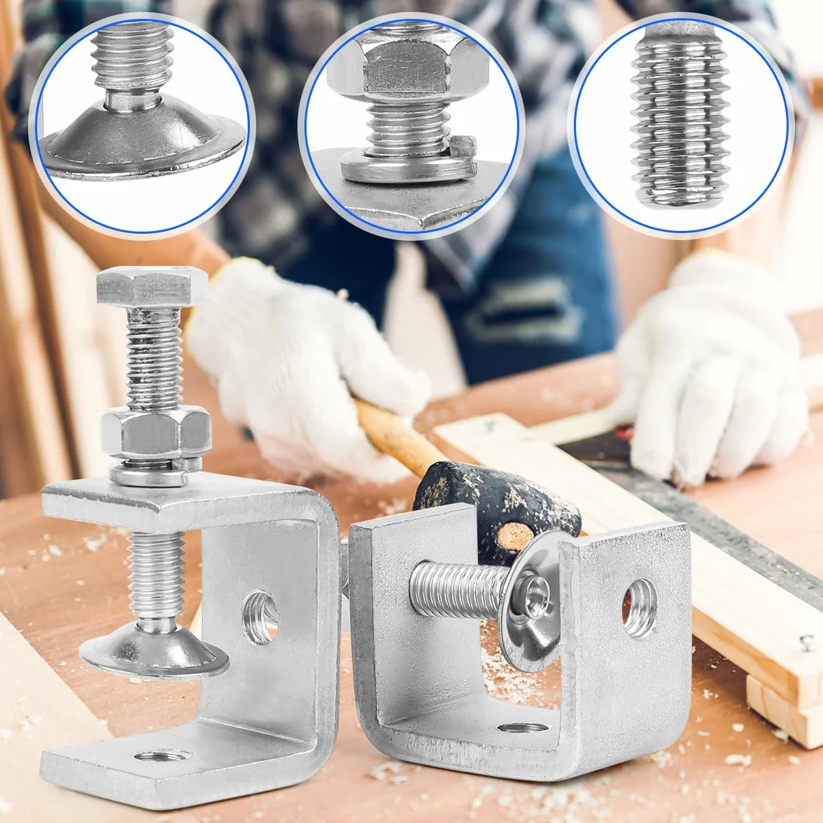 Zaciski C 2 sztuk ze stali nierdzewnej, zestaw zacisków C, zaciski szczękowe, 30 mm, metalowe zaciski śrubowe z hakami ze stali nierdzewnej i śrubami pierścieniowymi do prac drewnianych, spawania i