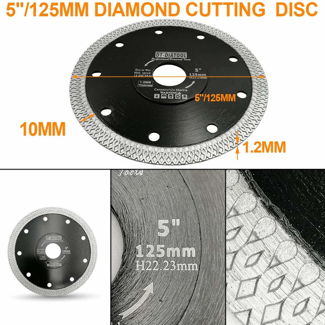 DT-DIATOOL Diamentowe ostrze piły 5 szt., 125 mm, tarcza tnąca z siatką X, turbo, do płytek porcelanowych, marmuru, ceramicznego granitu