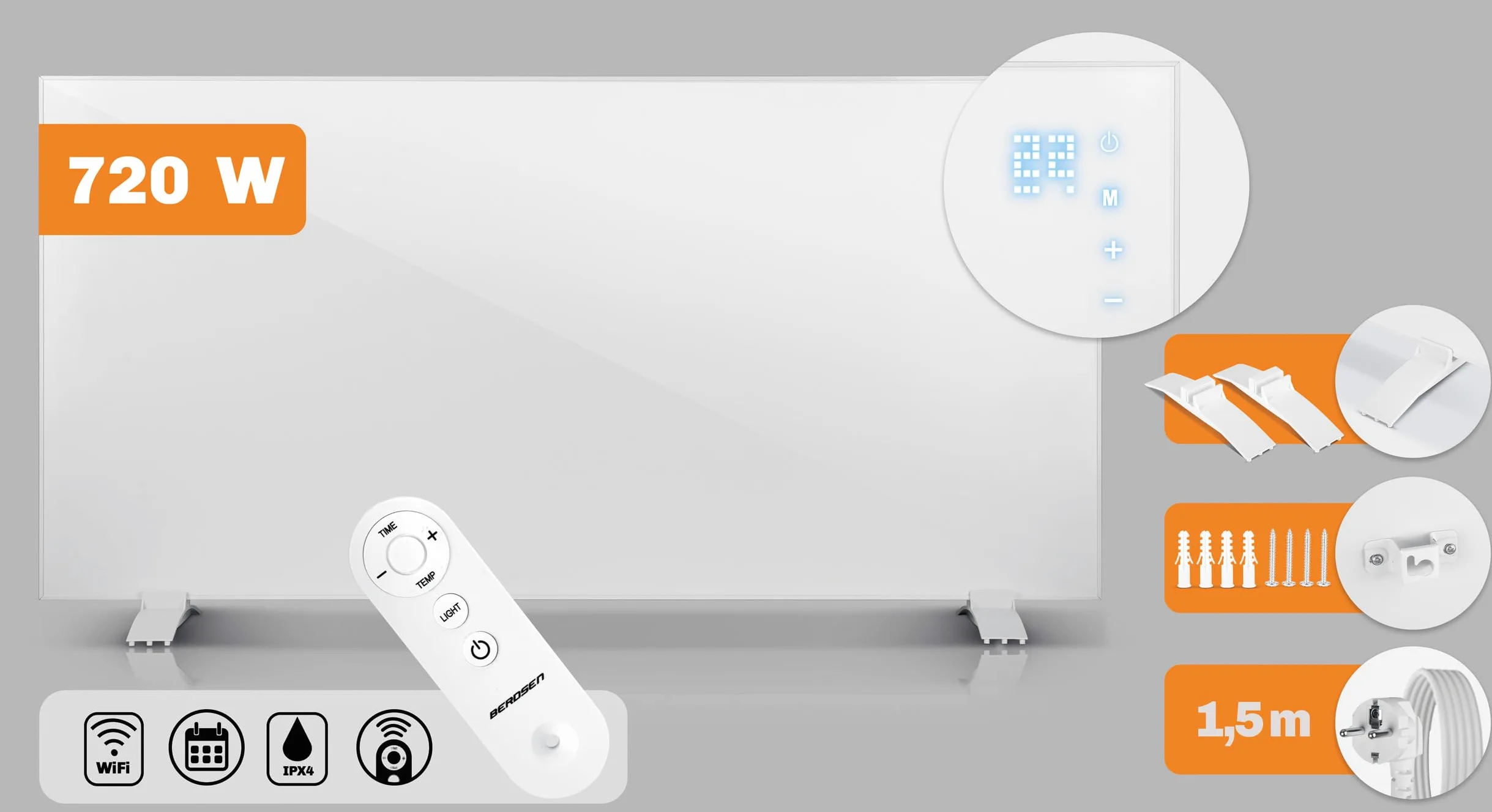Berdsen Grzejnik na Podczerwień - Panel Grzewczy - 720 W - Szybkie Nagrzewanie - Panel Dotykowy - Pilot WiFi Aplikacja - Timer 1-9 h