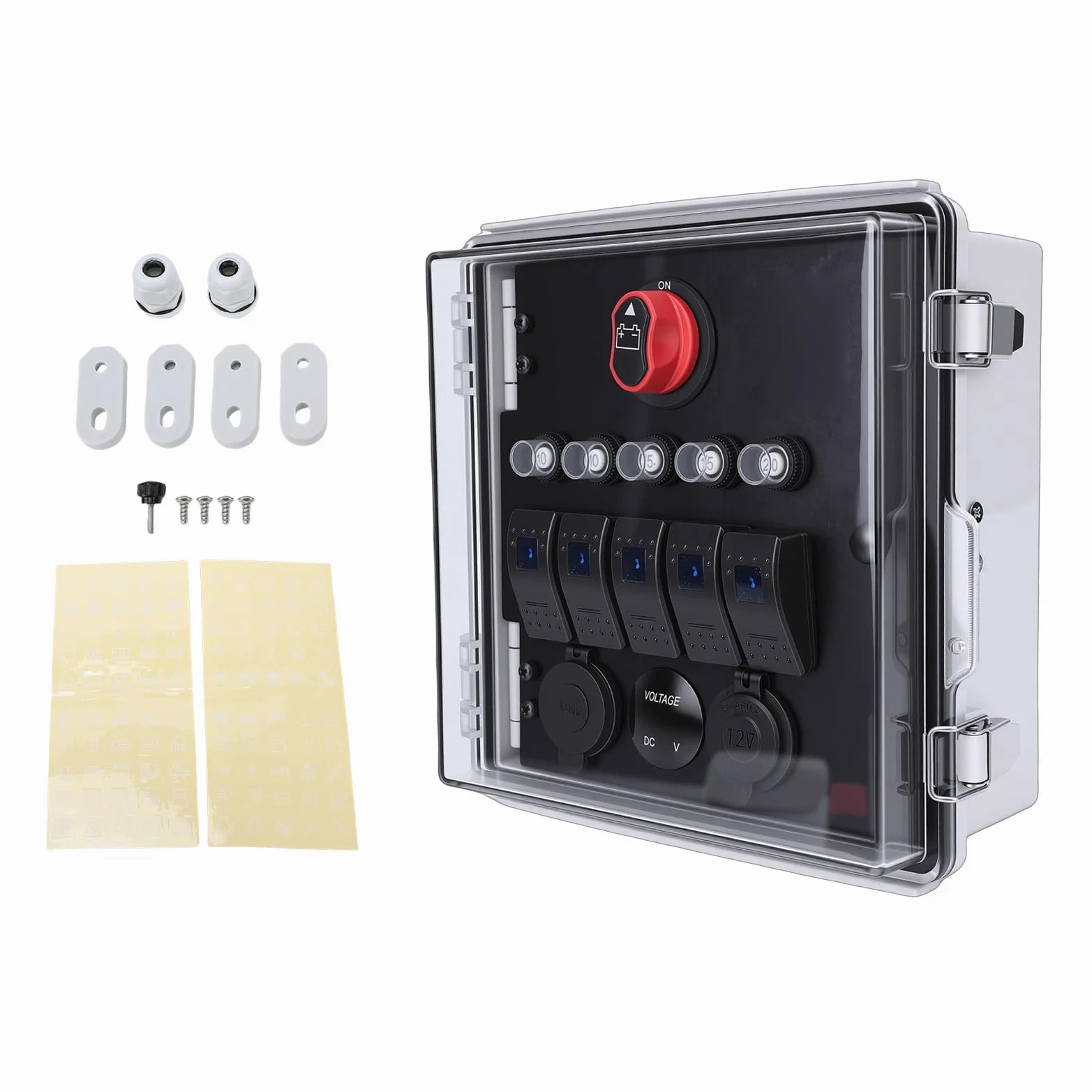 Fockety Skrzynka Przełączników Kołyskowych, IP67 5-krotny Panel Przełączników Morskich z Podwójnymi ładowarkami USB PD Gniazdo Zapalniczki do Samochodów Ciężarowych RV ATV Outdoor