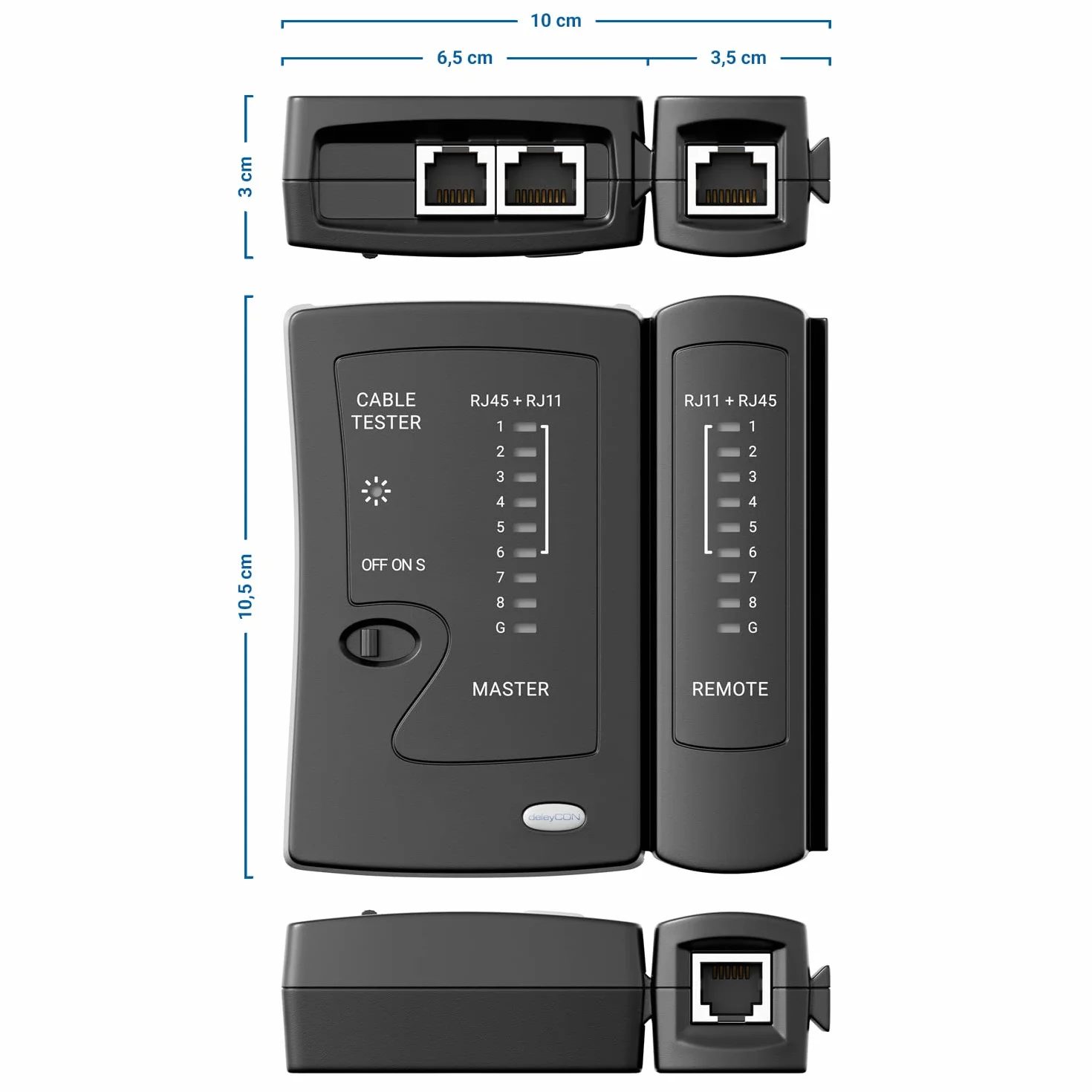 deleyCON Tester Kabli Sieciowych Tester Kabli RJ11 RJ12 RJ45 ISDN LAN Kabel Sieciowy Kabel Krosowy CAT6 CAT7 CAT8 Tester Okablowania - Czarny