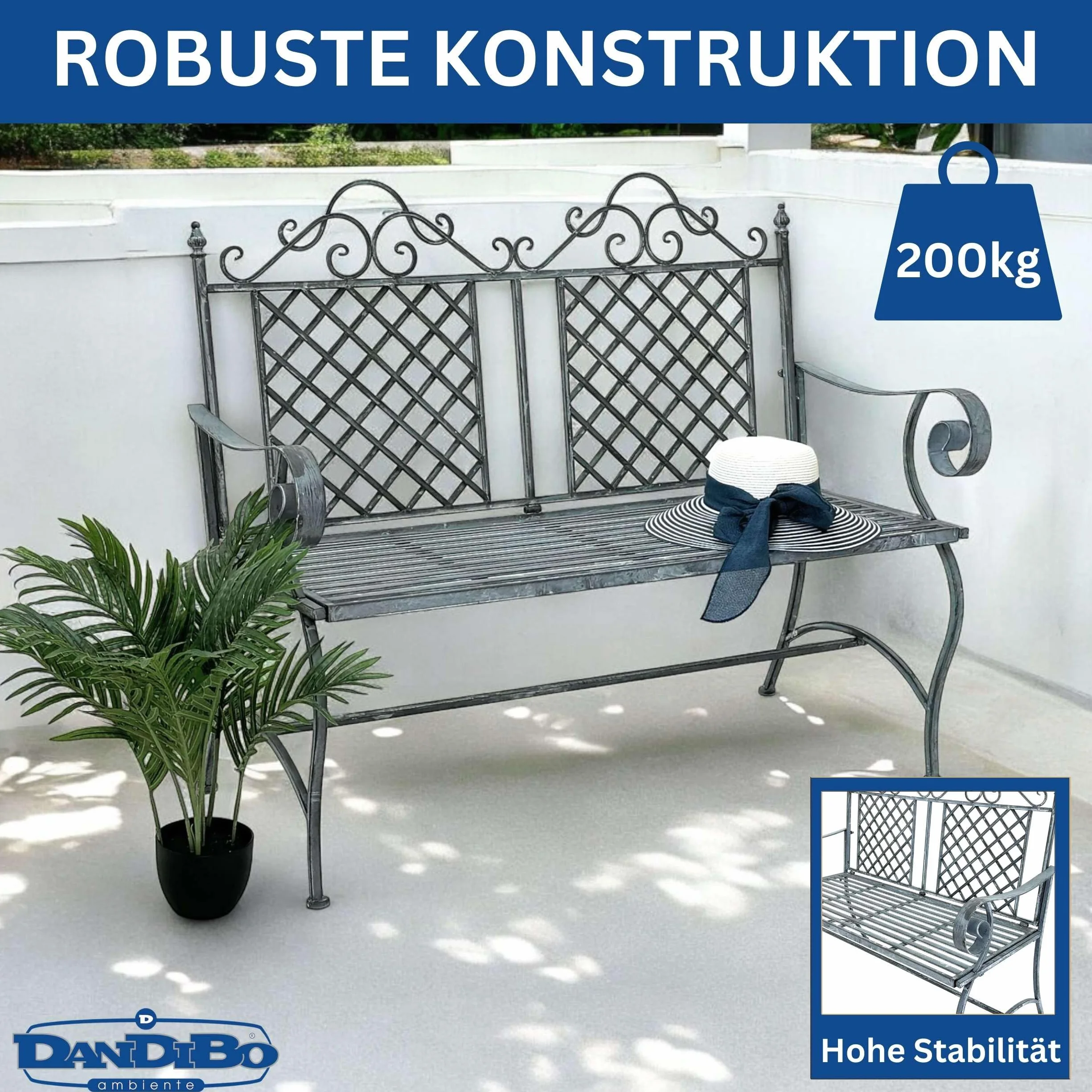 DanDiBo Ławka ogrodowa, odporna na warunki atmosferyczne, 2-osobowa, metalowa, szara, 120 cm, 96592, żelazna ławka do siedzenia, ławka ogrodowa, antyczna ławka parkowa