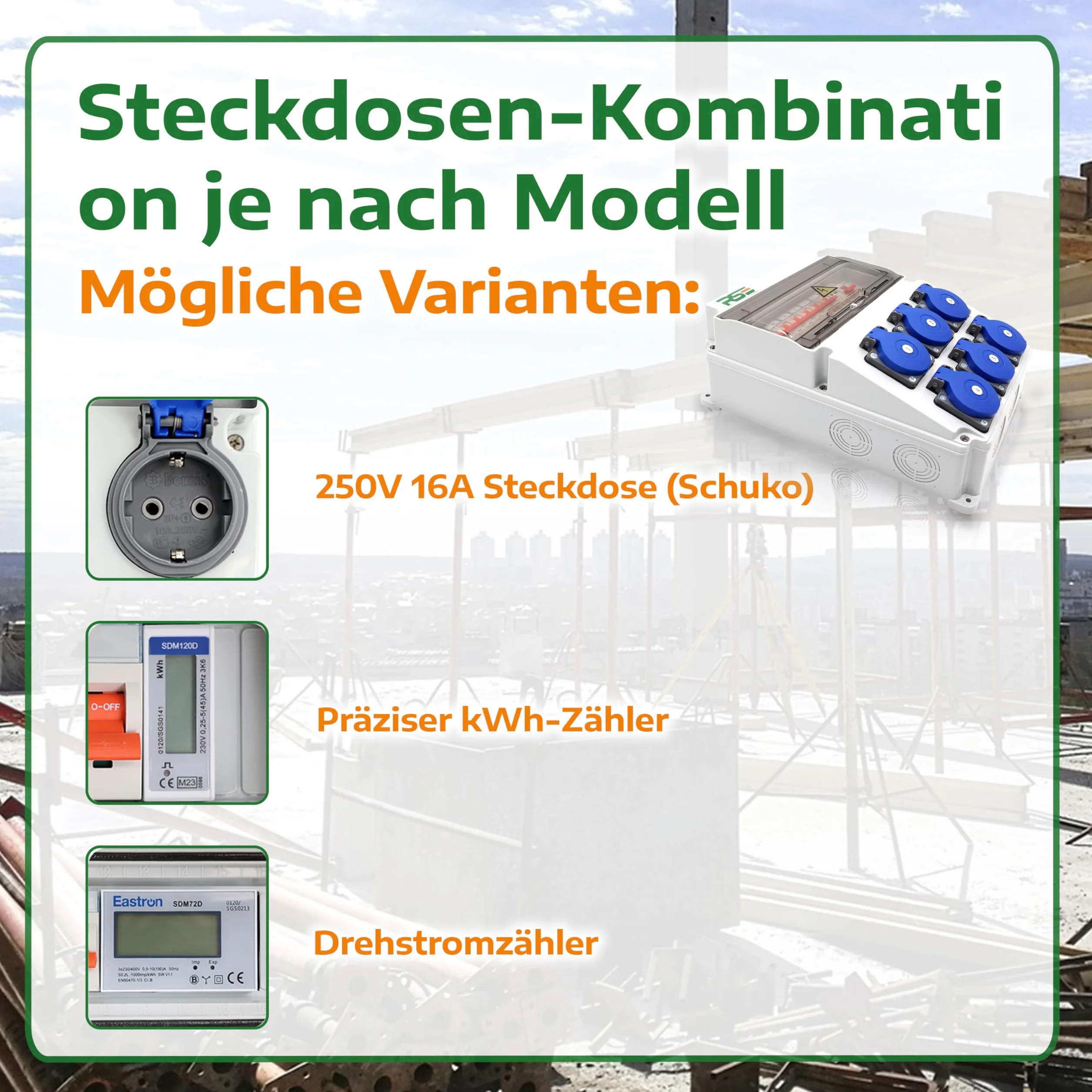 RSE Rozdzielacz prądu budowlanego rozdzielnica ścienna w pełni okablowany 230 V Schuko z licznikiem do wyboru IP65, 9. 6 x 230 V z LS + FI + licznikiem