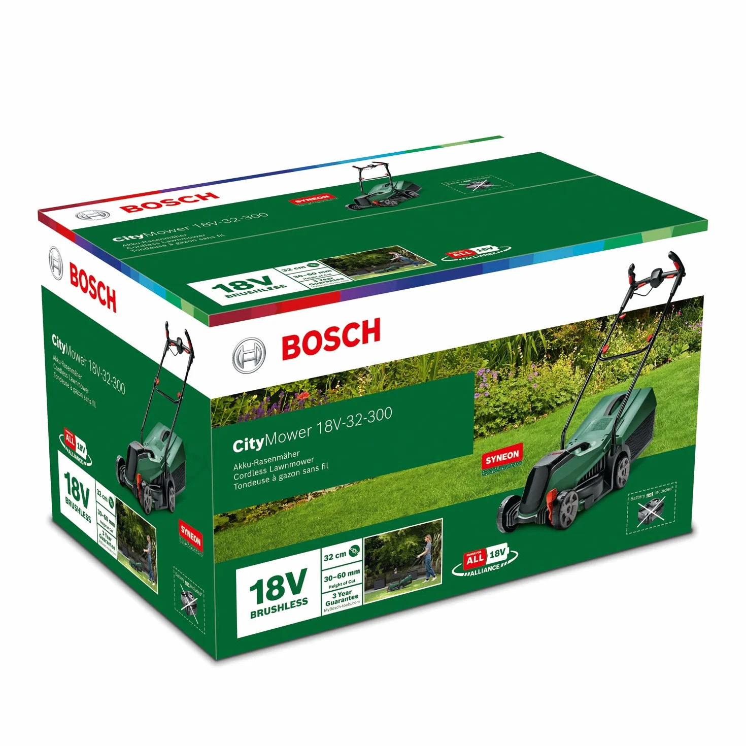 Bosch CityMower 18V-32-300, Kosiarka akumulatorowa (18 V, 1 akumulator, szerokość cięcia: 32 cm, trawniki do 300 m², opakowanie kartonowe), Zielona