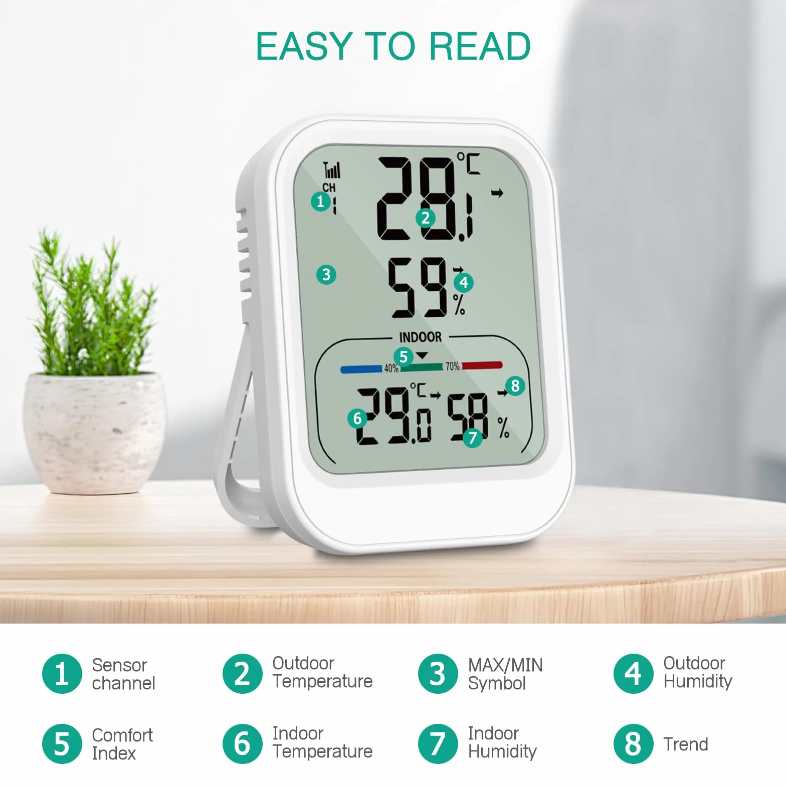 Oria Cyfrowy termometr, higrometr, wewnętrzny/zewnętrzny termometr z bezprzewodowym czujnikiem, 3-calowy ekran LCD, MAX/MIN (24h/48h/cały czas), ℃/℉, monitor temperatury i wilgotności do domu i biura