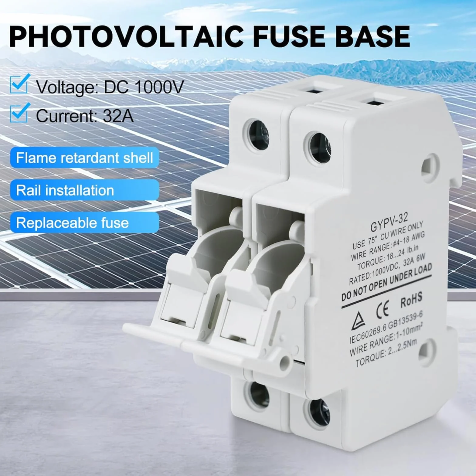 Bezpiecznik DC 15a Solar PV Zabezpieczenie przed zwarciem Ochrona przed przełamaniem 32a 2P PV Zestaw bezpieczników 1000VDC