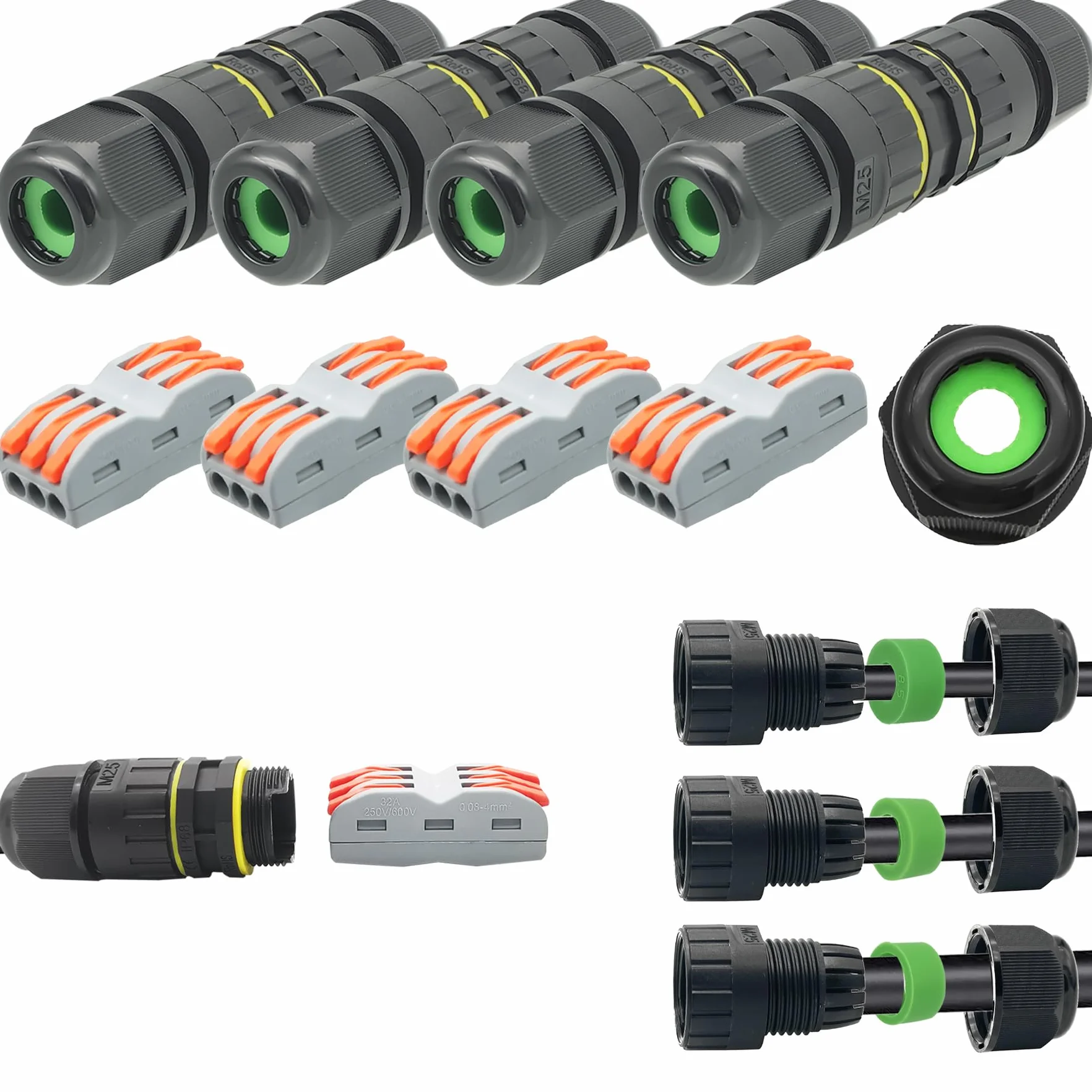 CTRICALVER Wodoodporna puszka przyłączeniowa Zewnętrzne złącze kablowe Nowe złącze IP68 5mm-14mm zewnętrzny łącznik tulejowy (opakowanie 4 szt.)