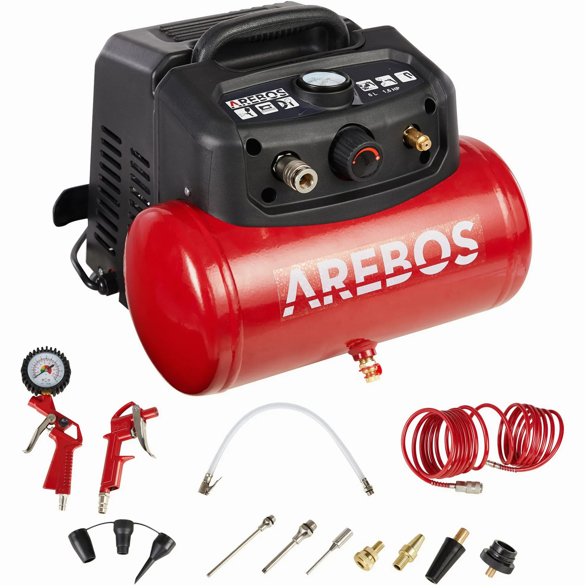 Arebos Sprężarka powietrza 6L Sprężarka 1200W | z 13-częściowym zestawem narzędzi pneumatycznych | automatyczne wyłączanie | bardzo długi wąż powietrza | bezolejowa | sprężarka powietrza 8 bar