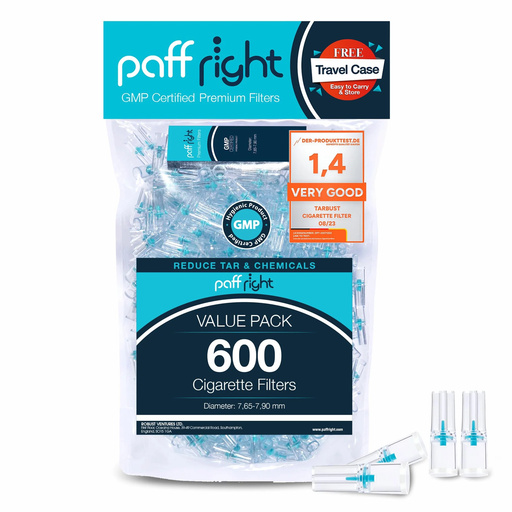 Paffright 600 filtrów do papierosów, antysmolisty filtr 8 mm, plastikowy ustnik do standardowych papierosów
