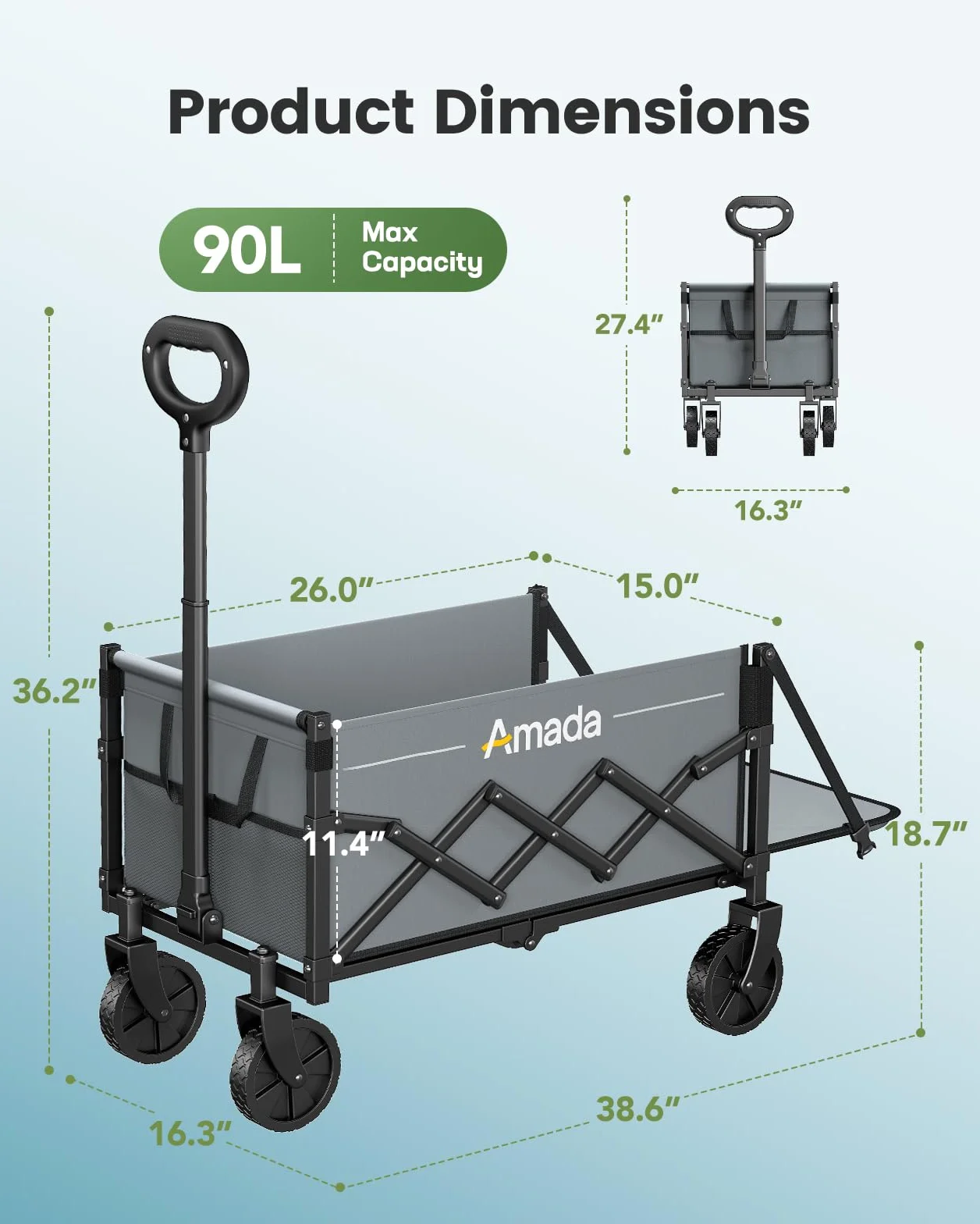 AMADA HOMEFURNISHING Składany wózek transportowy 163 kg 90 l z uchwytami na napoje