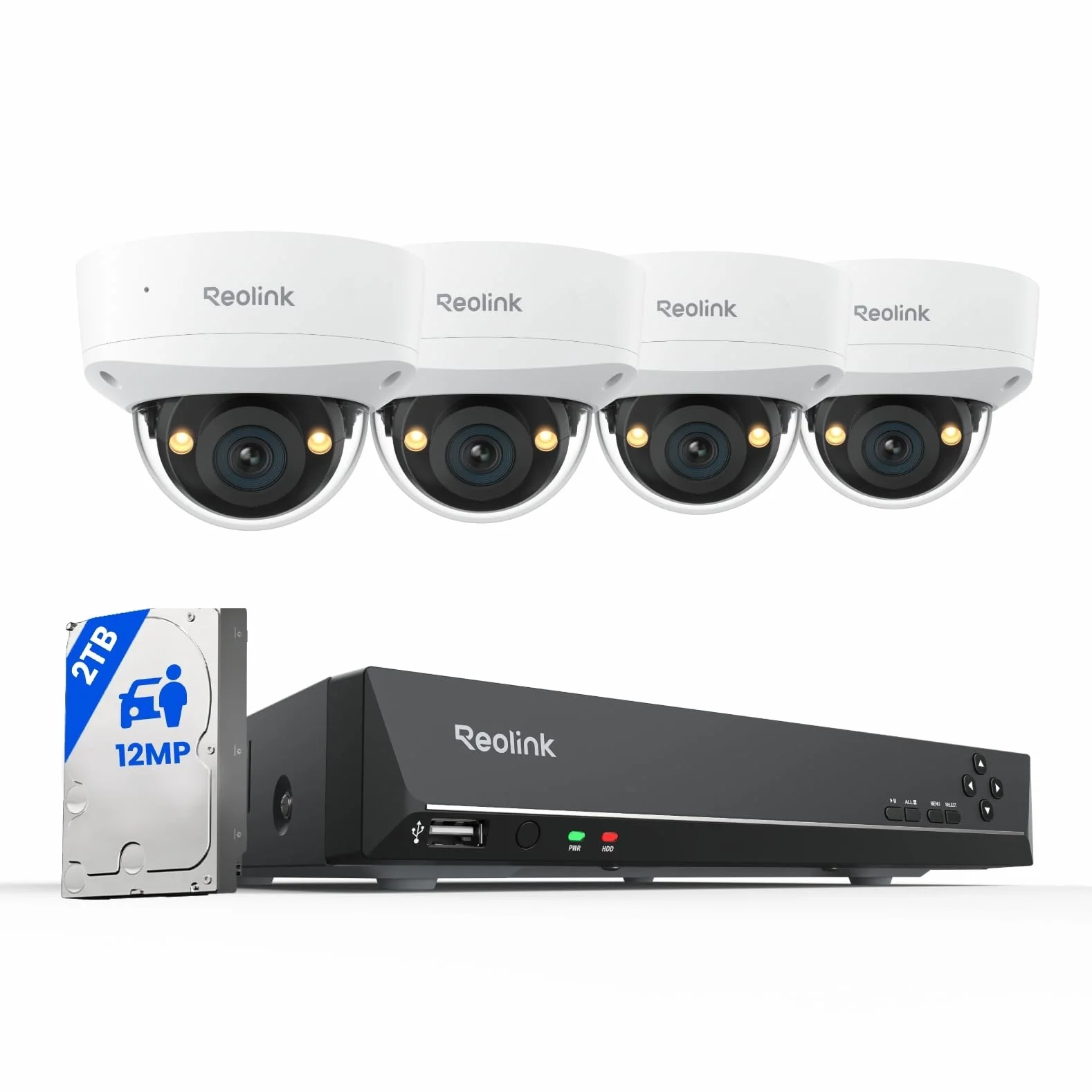 Reolink System nadzoru 12MP PoE, 4 Wandaloodporne Kamery Zewnętrzne IK10, Szeroki Kąt 145°, Kolorowy Noktowizor, Detekcja Ruchu, 2-kierunkowe Audio, 8-kanał NVR z 2TB HDD, RLK8-1200V4