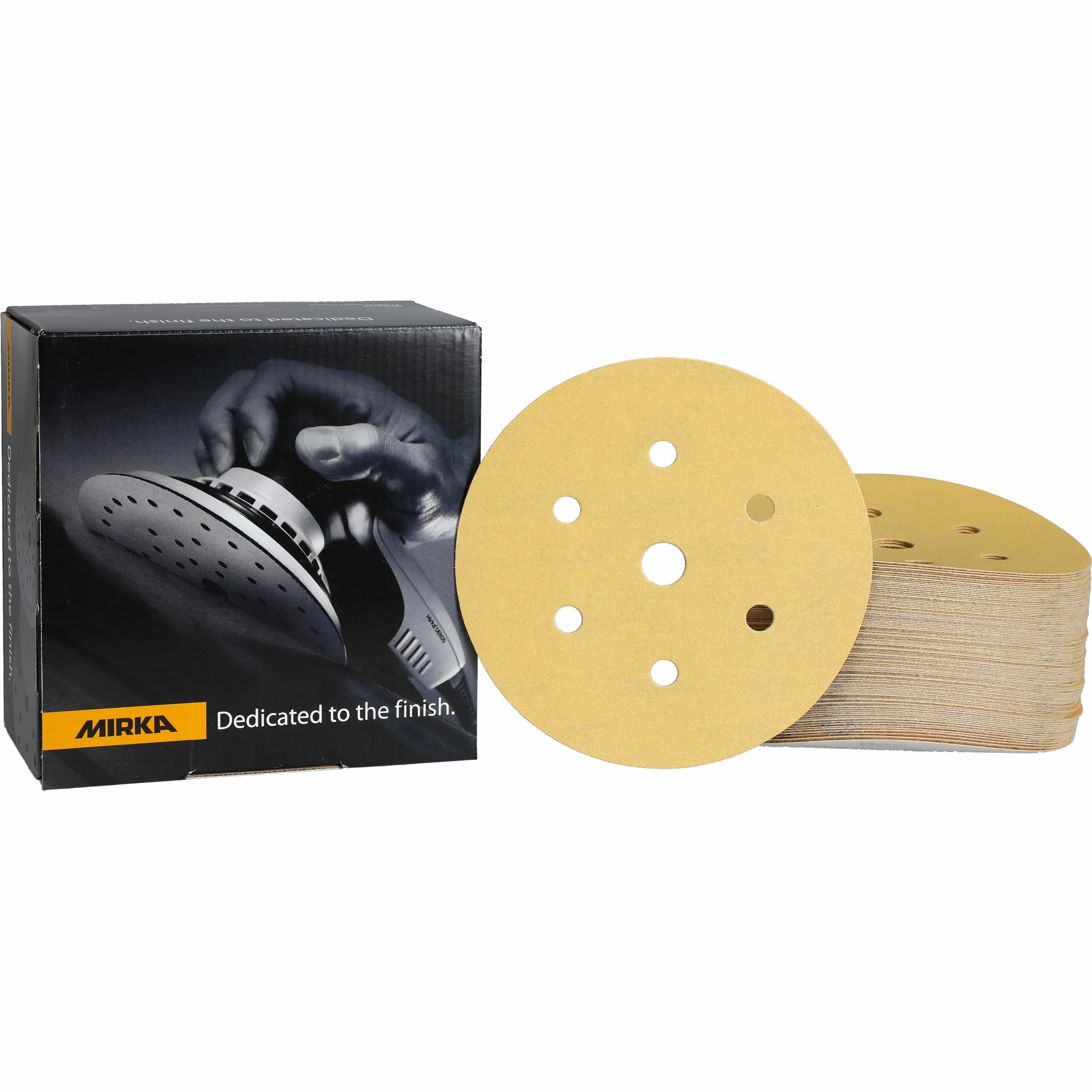 Mirka Gold uniwersalne krążki ścierne z papieru ściernego Ø 150mm / rzep / 7 otworów / P220 / 100 szt/Do szlifowania tynku, szpachli, płyt wiórowych, drewna, lakierów.