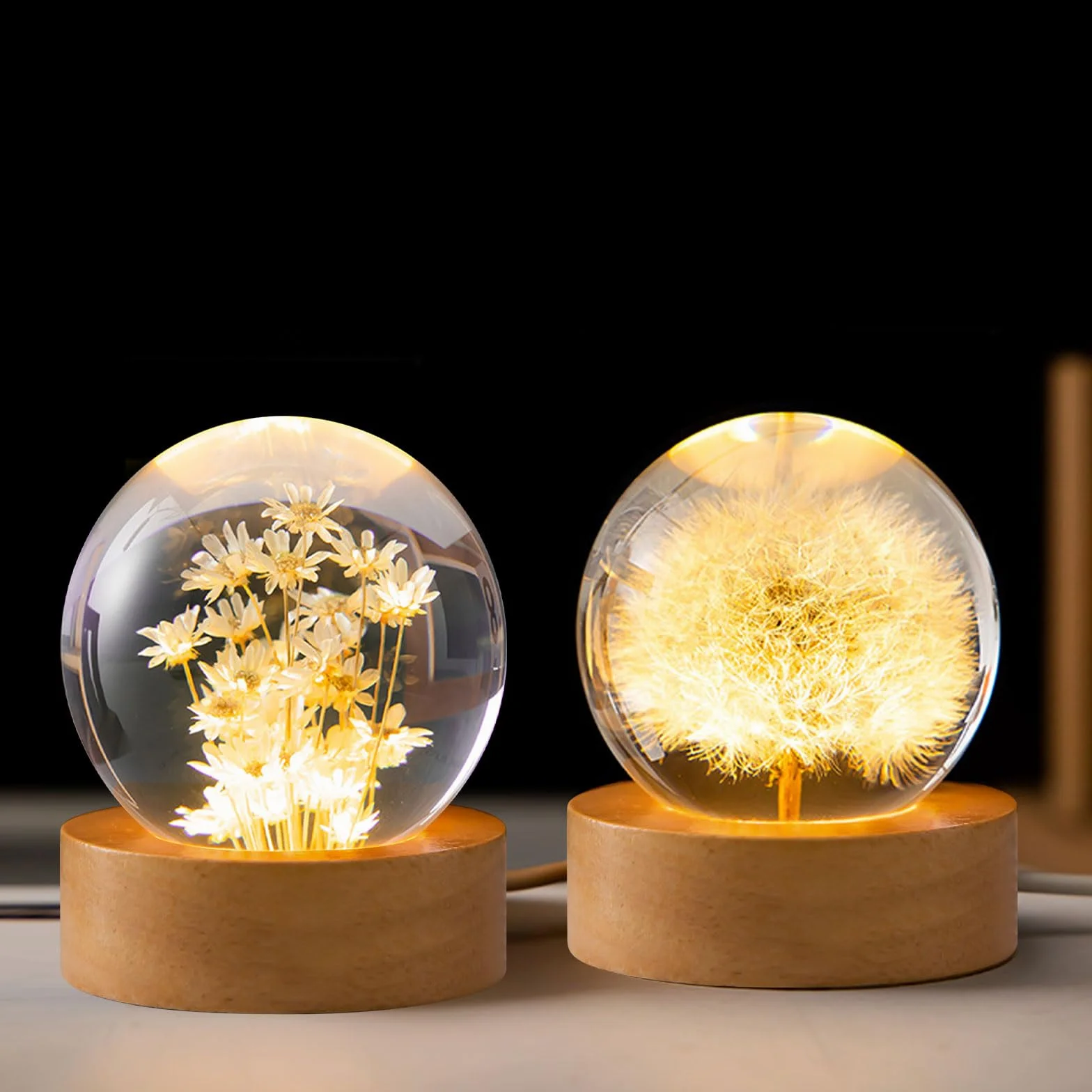 Kryształowa kula nocna, 6 cm, szklana kula z drewnem z podstawą LED, ładowanie USB, lampka nocna ze stojakiem (żółte stokrotki)