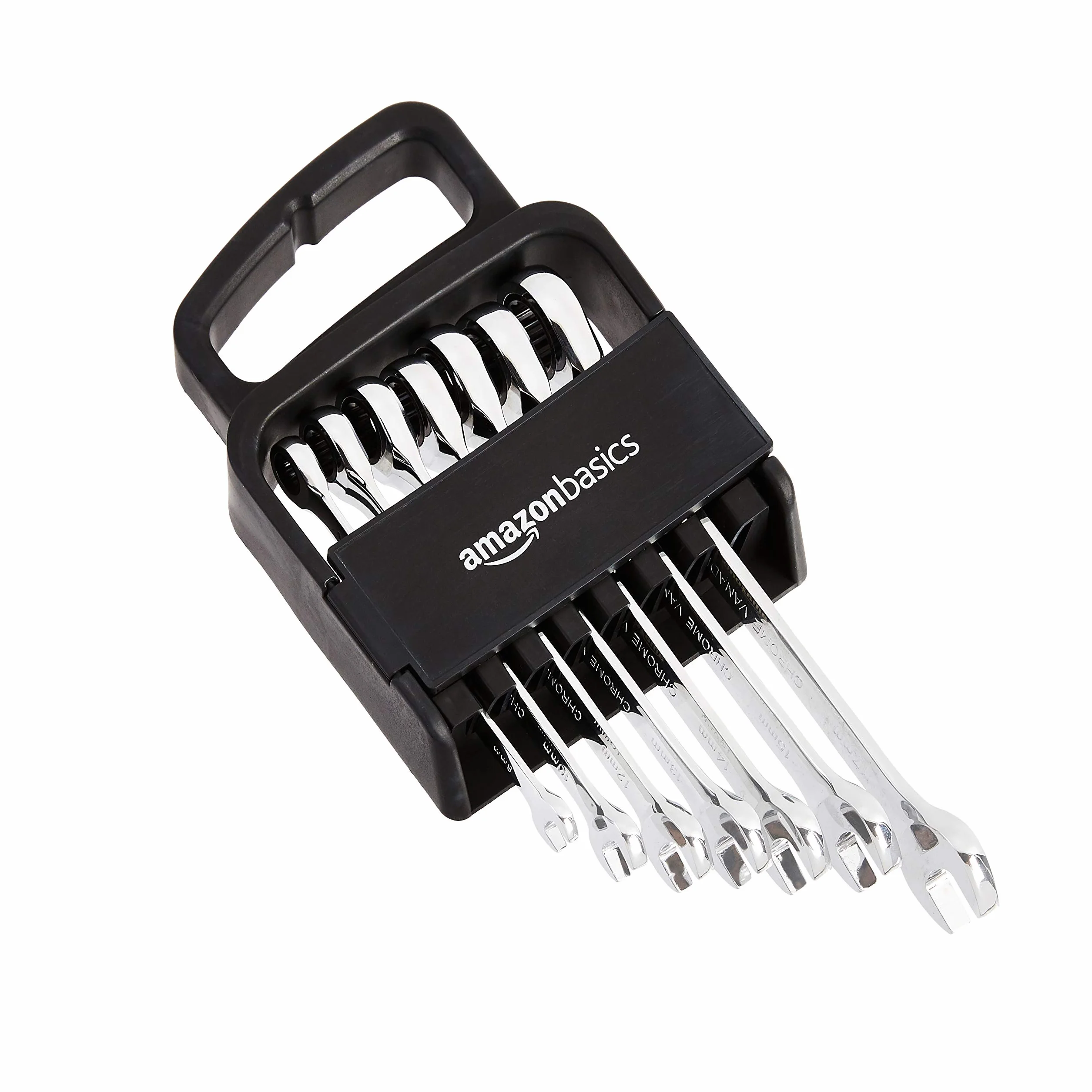 Amazon Basics Zestaw kluczy płasko-oczkowych z grzechotką, metryczny, 7-częściowy
