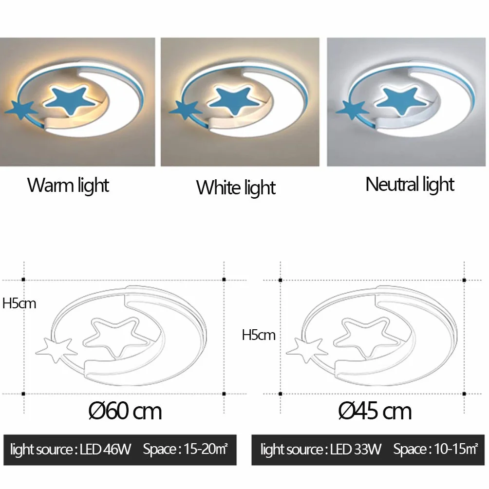 LED sufitowa gwiazda i księżyc, nowoczesna, kreatywna, okrągła z ściemnianiem, pilot zdalny, oświetlenie dla dzieci, do pokoju, sypialni, salonu, dekoracja sufitowa, niebieska, 45 cm