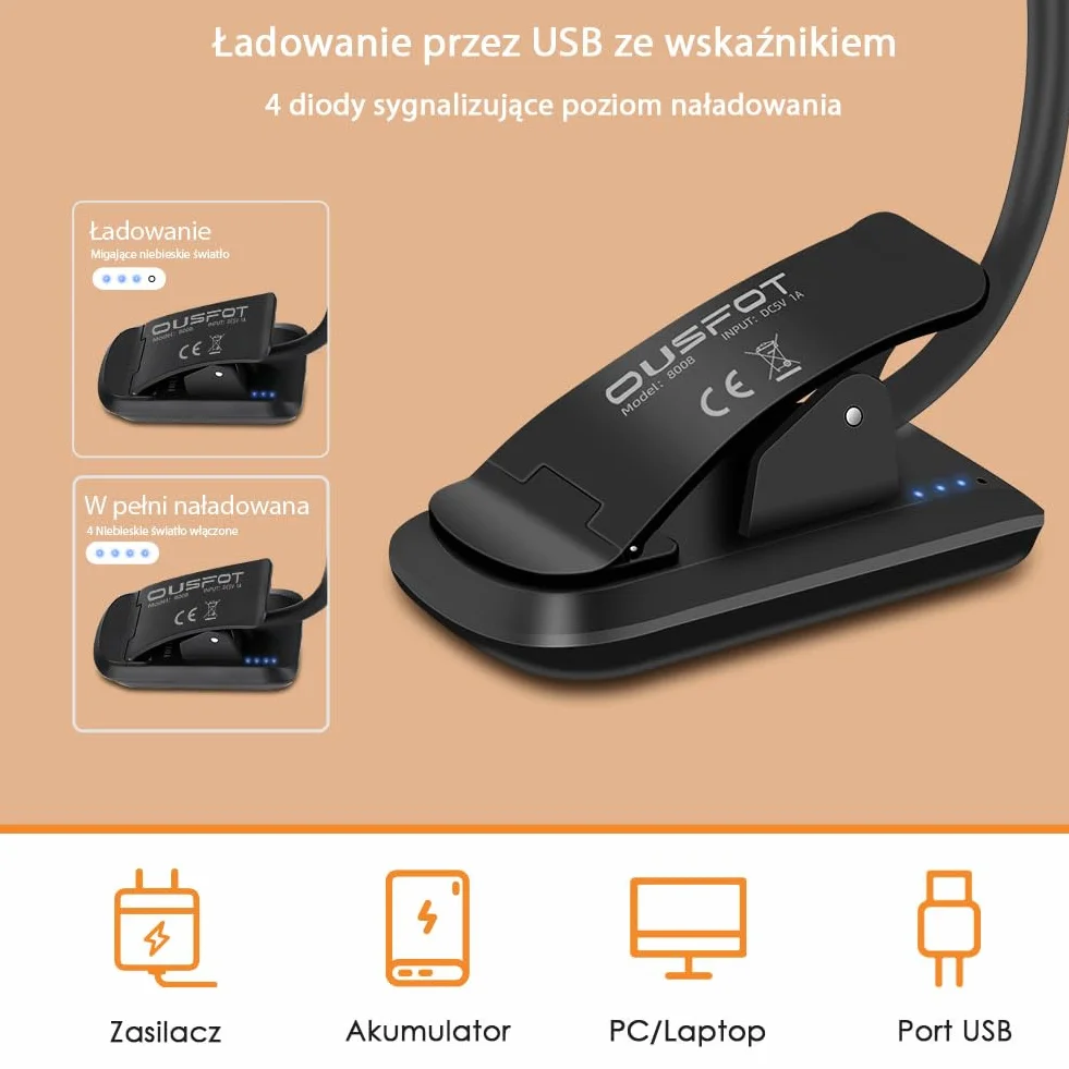 OUSFOT Lampa do czytania książek, zacisk z 3 stopniami jasności, 9 diod LED, ładowana przez USB, lampa zaciskowa 360°, elastyczna lampa zaciskowa LED, do biura, łóżka, stojak na nuty