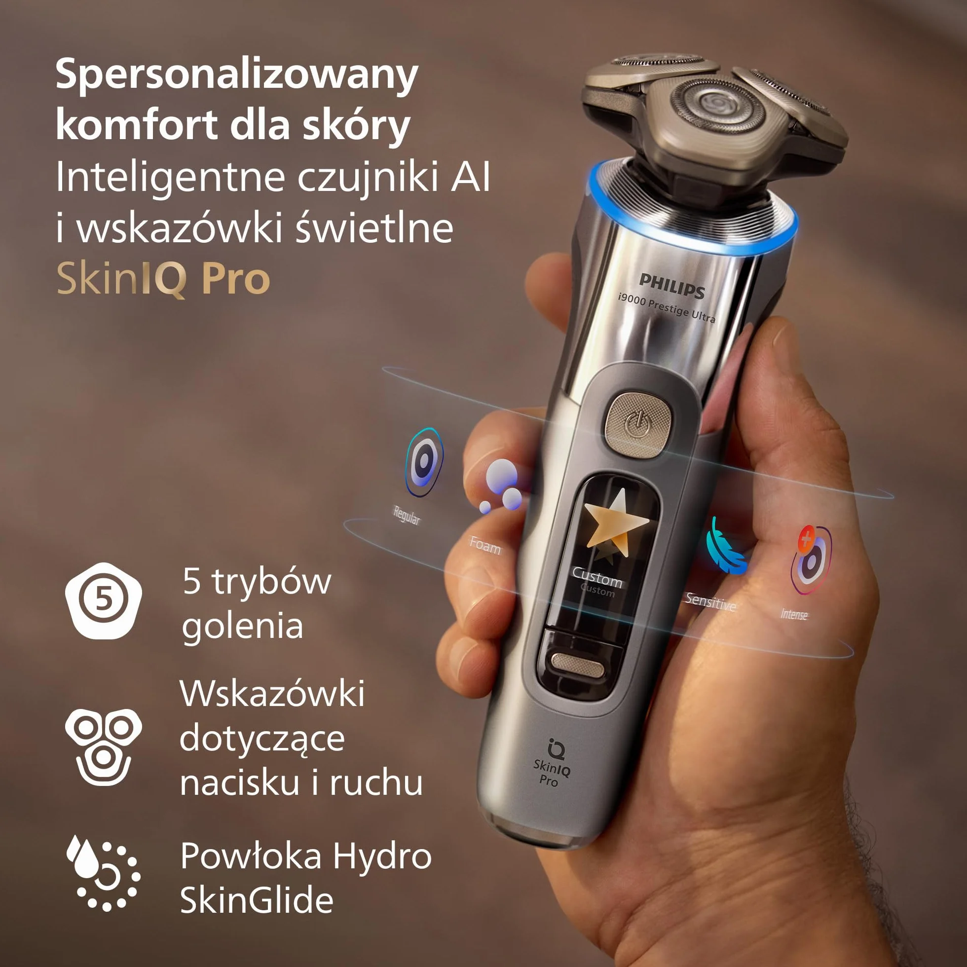 Philips Shaver i9000 Prestige Ultra, golarka elektryczna do golenia na sucho i mokro z technologią Skin IQ Pro, System Triple Lift & Cut, obrotowe 360º ostrza, 5 trybów golenia, Model XP9404/31