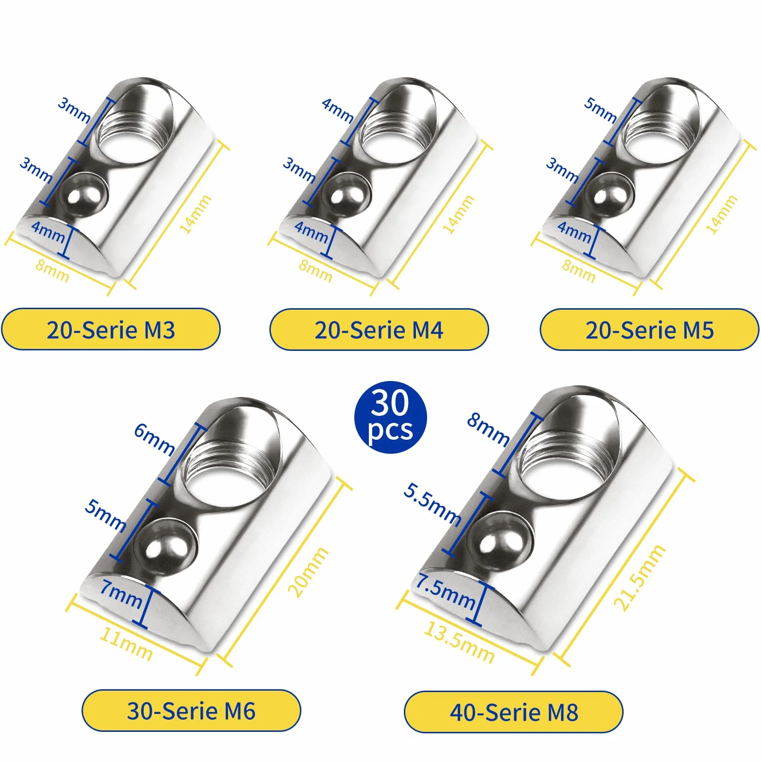 30 sztuk kamieni do rowków M8 z centrowaniem kulki, rowek, 8 sztuk, zestaw śrub z rowkiem, seria 40, M8, profil aluminiowy 40 x 40, stal węglowa, nakrętka ślizgowa z kulką sprężynową do drukarki 3D