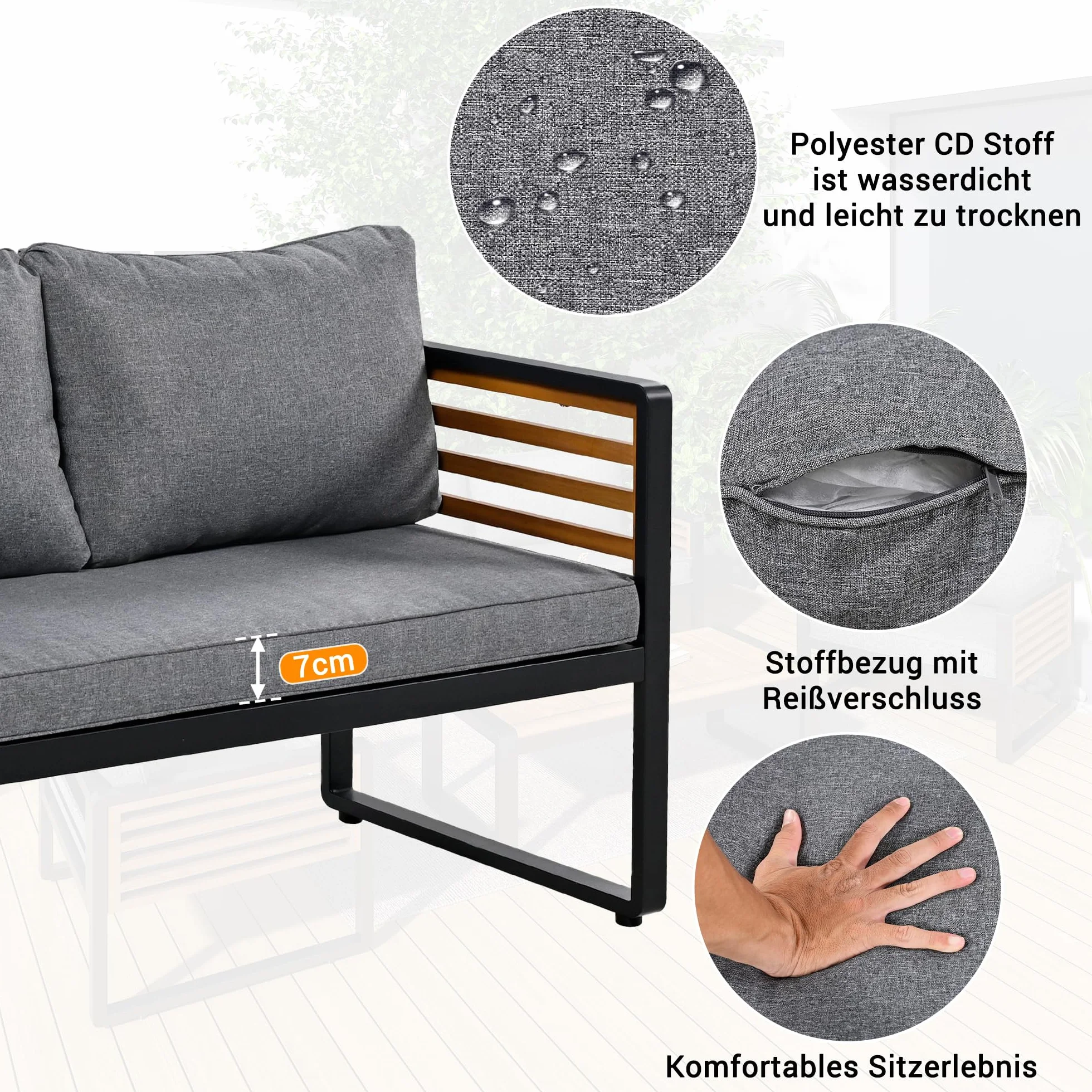 Zestaw mebli ogrodowych z ocynkowaną ramą żelazną, 8-częściowy zestaw stołów do jadalni, 2 x 2-osobowa sofa, 4 pojedyncze krzesła, 2 x stół, dekoracyjne podłokietniki z drewna (szary A, 8