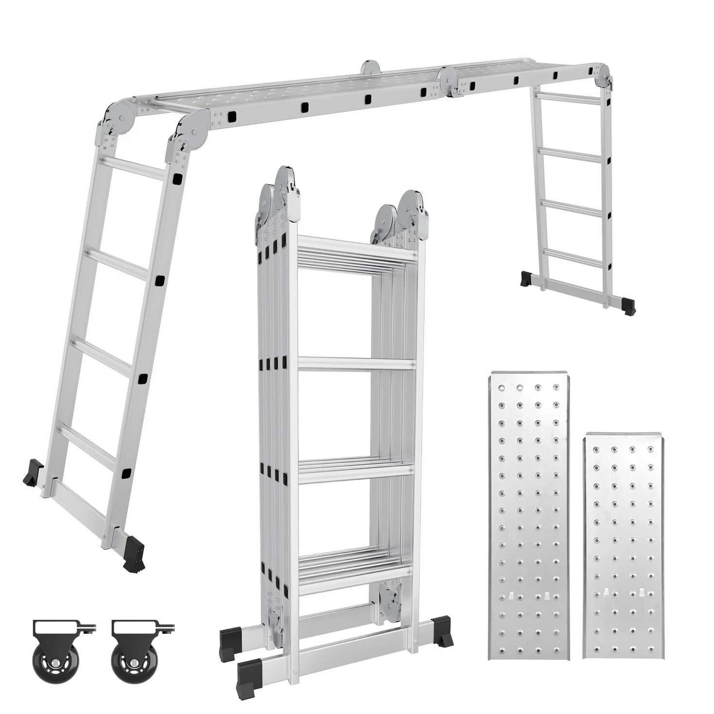 Wielofunkcyjna drabina 470 cm z aluminium, 4 x 4 m, wielofunkcyjna składana drabina z 2 płytami rusztowania i 2 rolkami, 12 stopni drabina 7 w 1, stabilna i przenośna