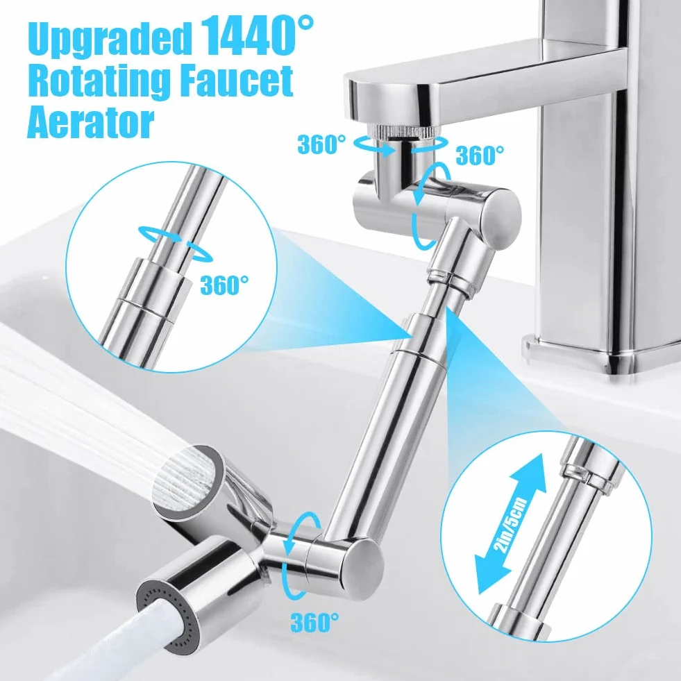 Flintronic Aerator do kranu 1440°, wielofunkcyjny przedłużacz kranu z teleskopowym ramieniem, 2 tryby, uniwersalny zawór zapobiegający rozpryskiwaniu do kuchni, łazienki